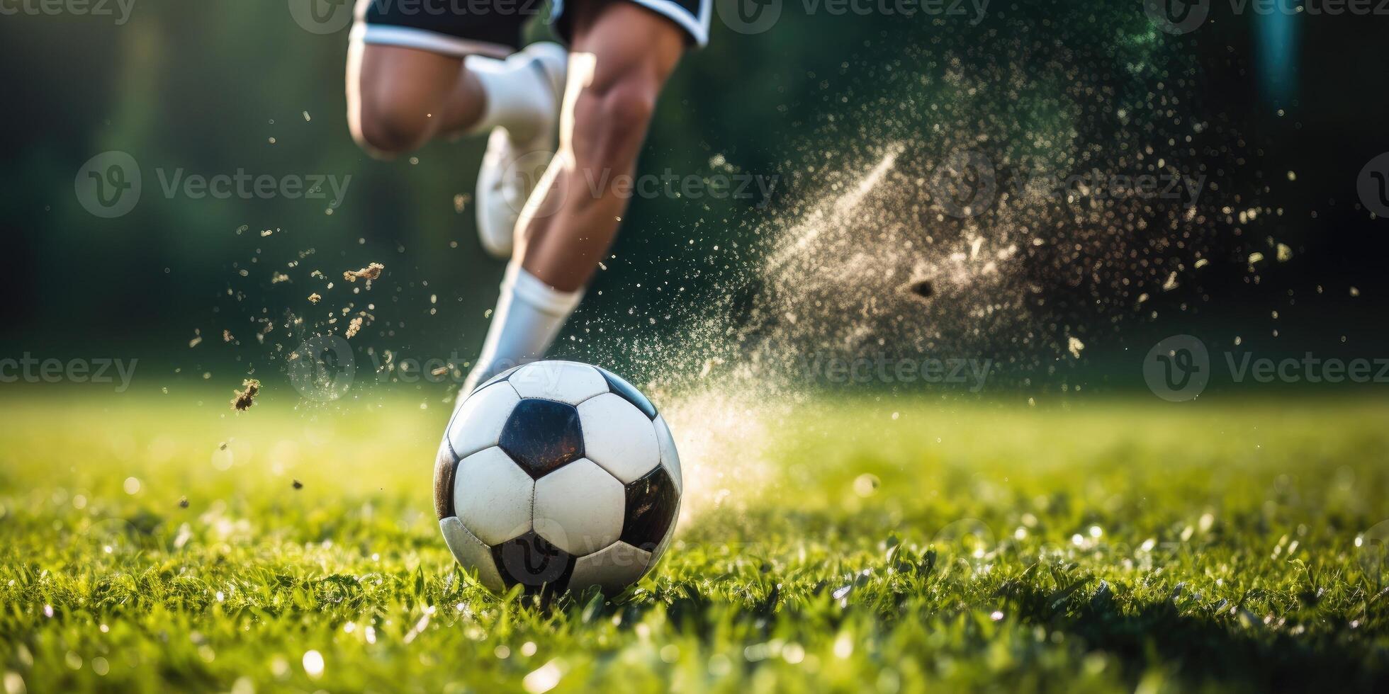 ai generiert trete von Fußball Ball auf Grün Feld mit Schmutz fliegend. schließen oben von Fußball Schuh Schlagen Ball. generativ ai foto