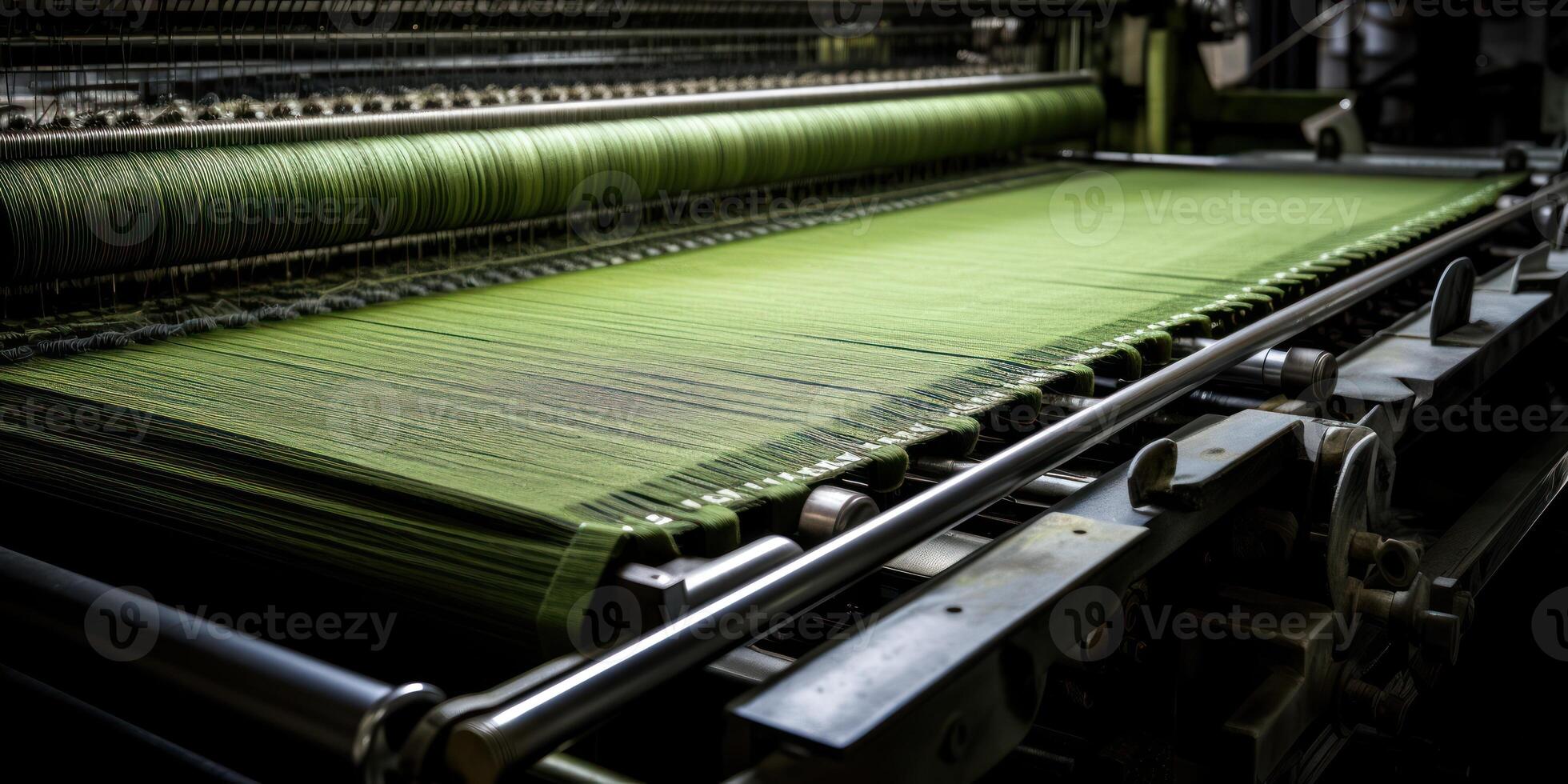 ai generiert Textil- Industrie. industriell Maschinen Weberei Grün Stoff im ein Fabrik. generativ ai foto