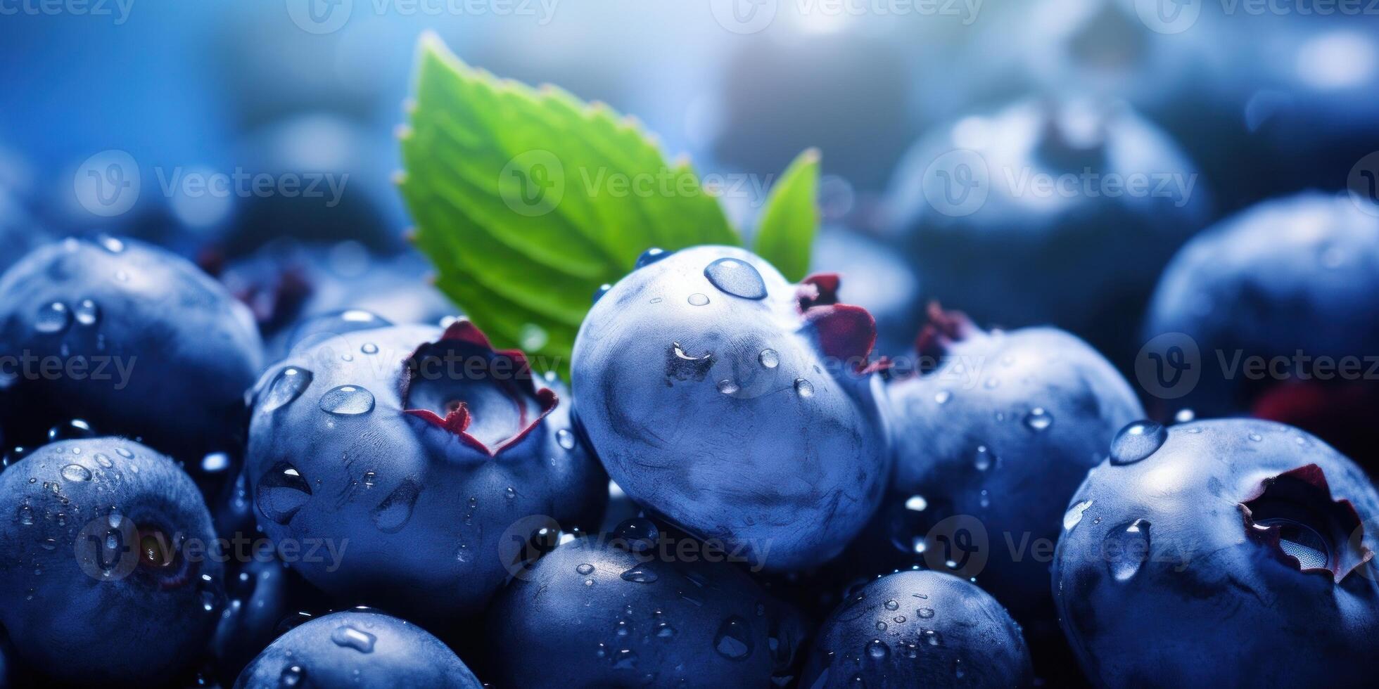 ai generiert reif Blaubeeren Haufen. Nahansicht von Beere mit Wasser Tröpfchen und ein Grün Blatt. generativ ai foto