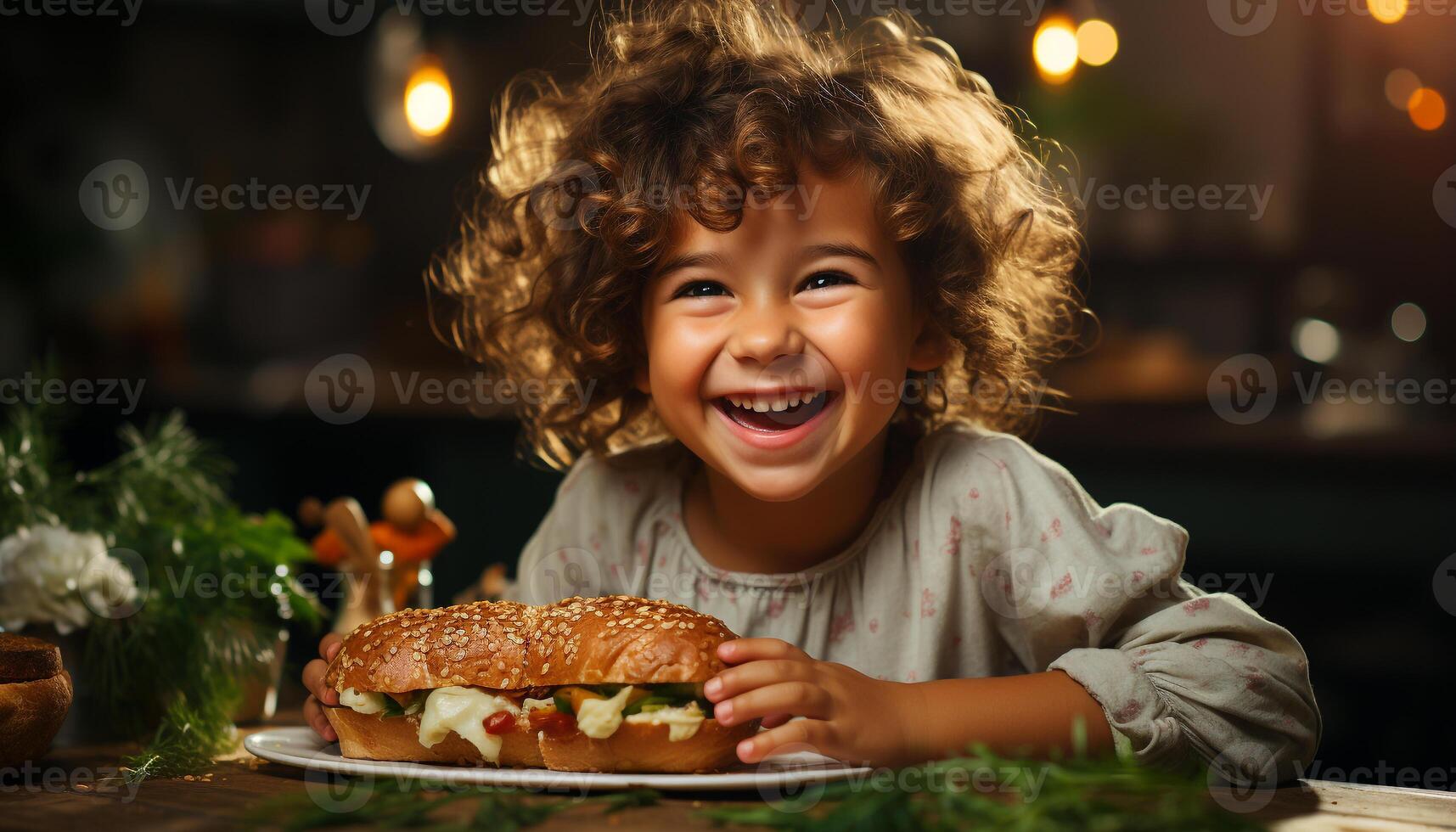 ai generiert lächelnd Kind genießt Mahlzeit, suchen beim Kamera mit Freude generiert durch ai foto