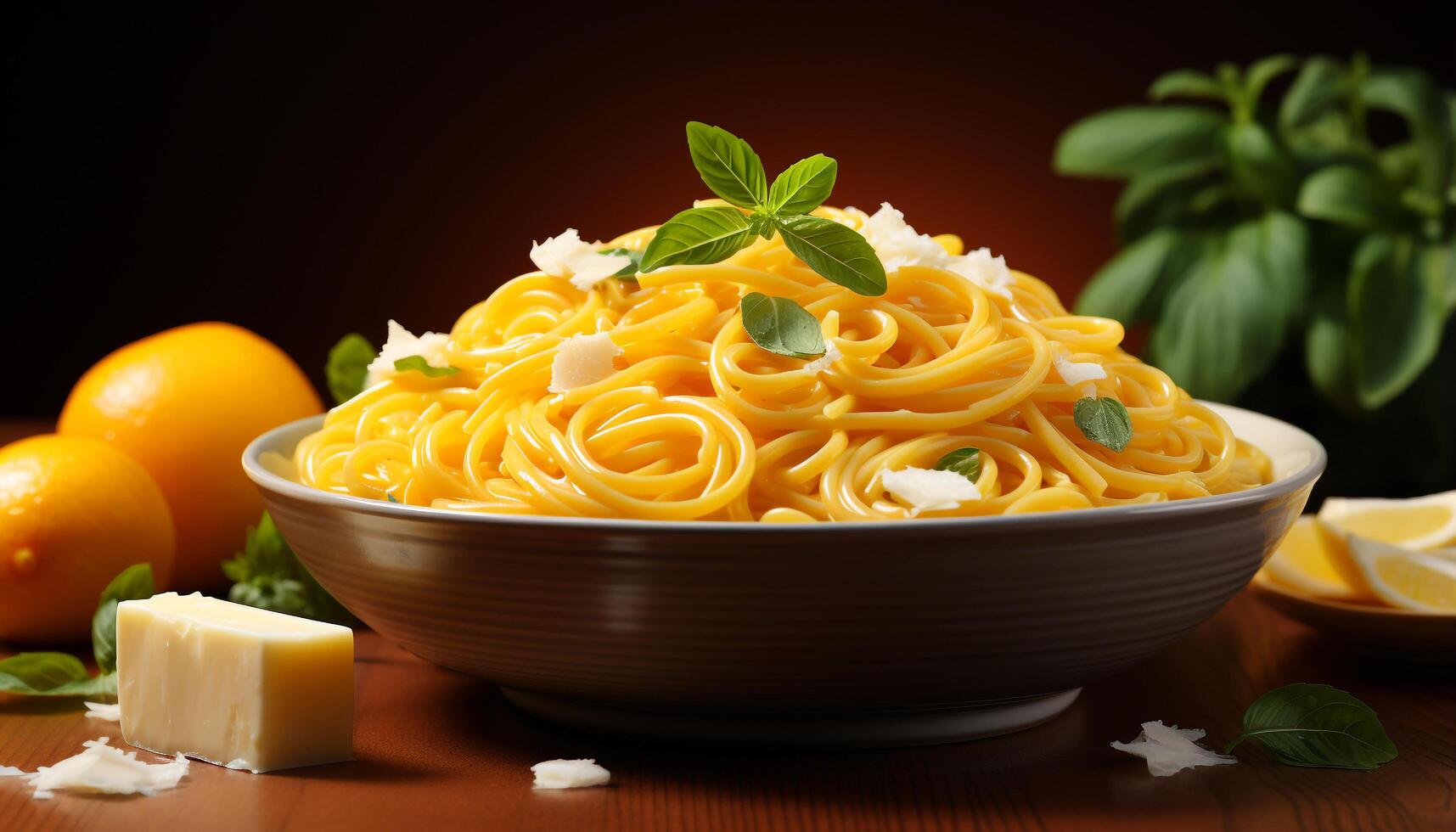 ai generiert frisch, gesund Pasta Mahlzeit mit organisch Zutaten auf hölzern Tabelle generiert durch ai foto