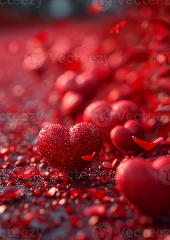 ai generiert rot Herzen auf das rot Blütenblätter. 3d Herzen Hintergrund zum Valentinsgrüße Tag foto