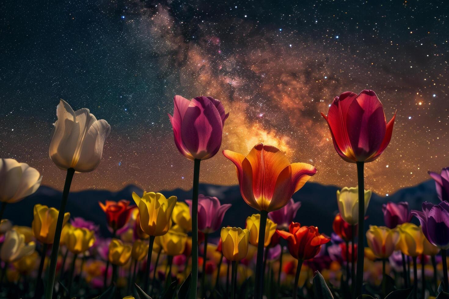 ai generiert Tulpen unter sternenklar Nacht Himmel foto