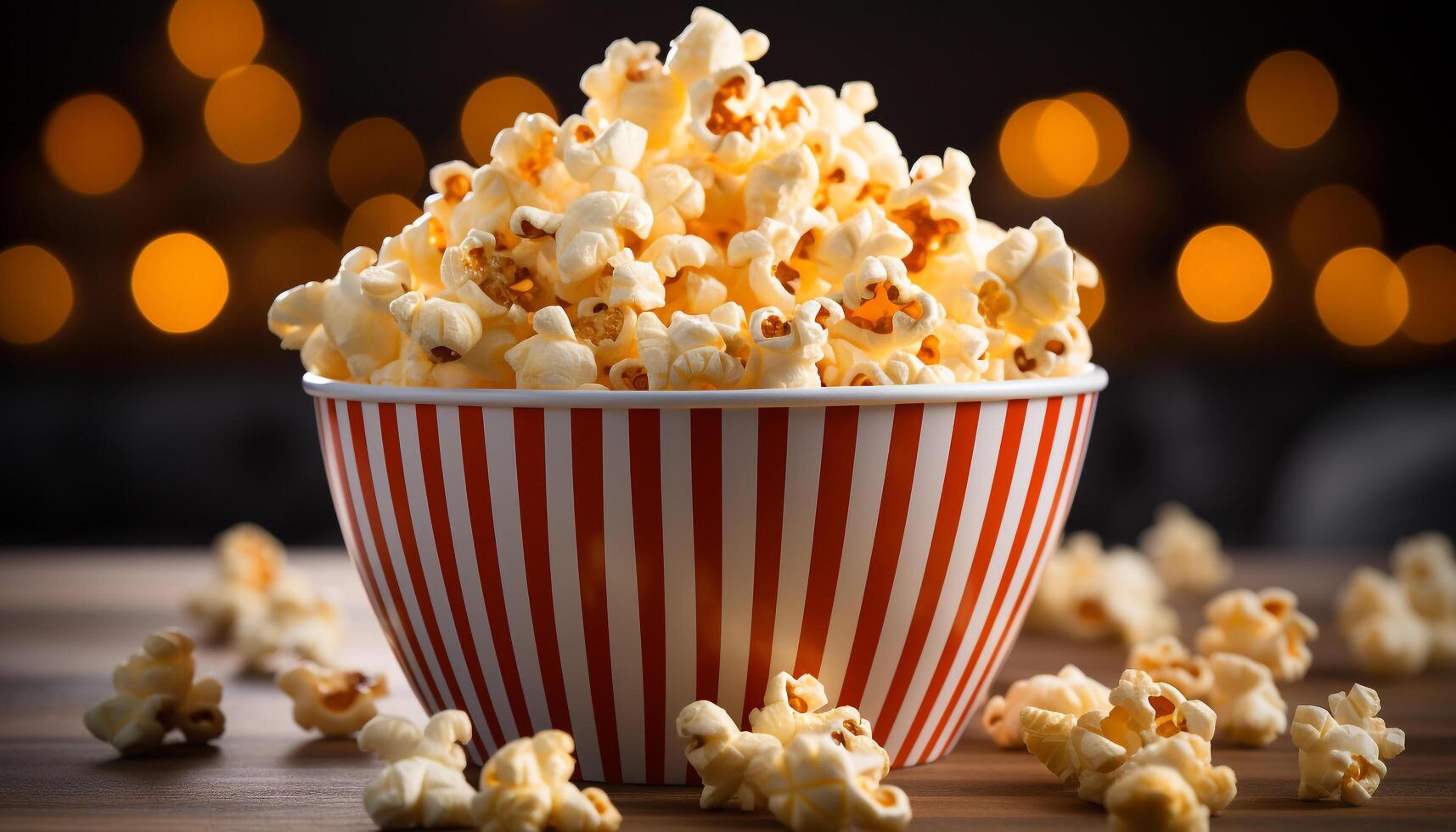 ai generiert frisch Popcorn im ein gestreift Eimer, perfekt Film Theater Snack generiert durch ai foto