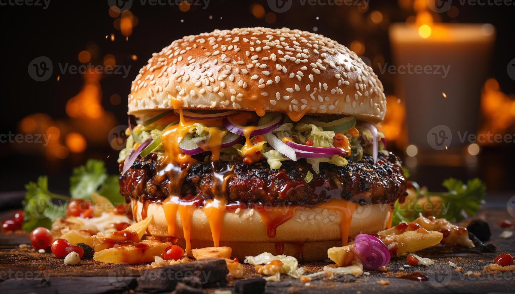 ai generiert gegrillt Rindfleisch Burger auf rustikal Brötchen mit geschmolzen Cheddar Käse generiert durch ai foto