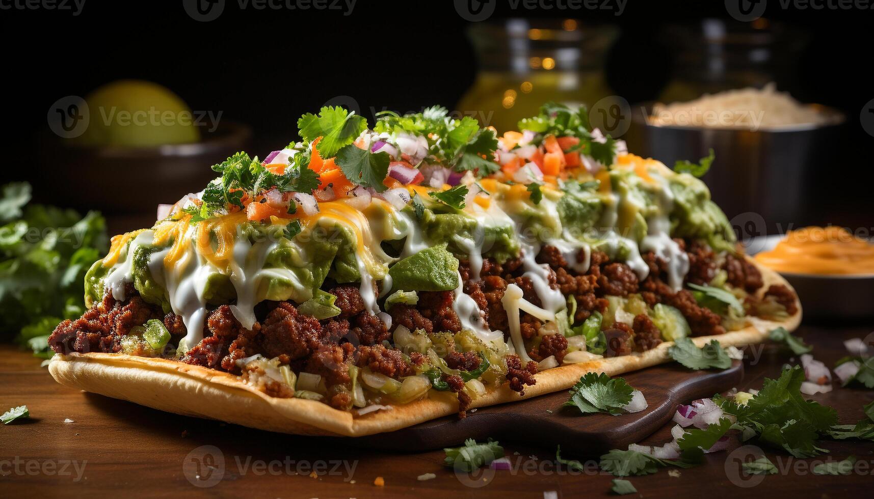 ai generiert gegrillt Rindfleisch Taco mit frisch Guacamole auf hausgemacht Fladenbrot generiert durch ai foto