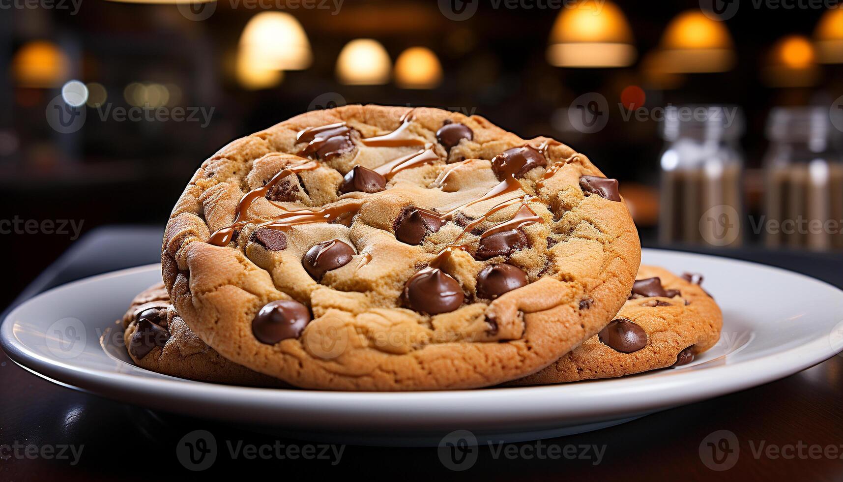 ai generiert frisch gebacken Schokolade Chip Kekse auf ein rustikal hausgemacht Teller generiert durch ai foto