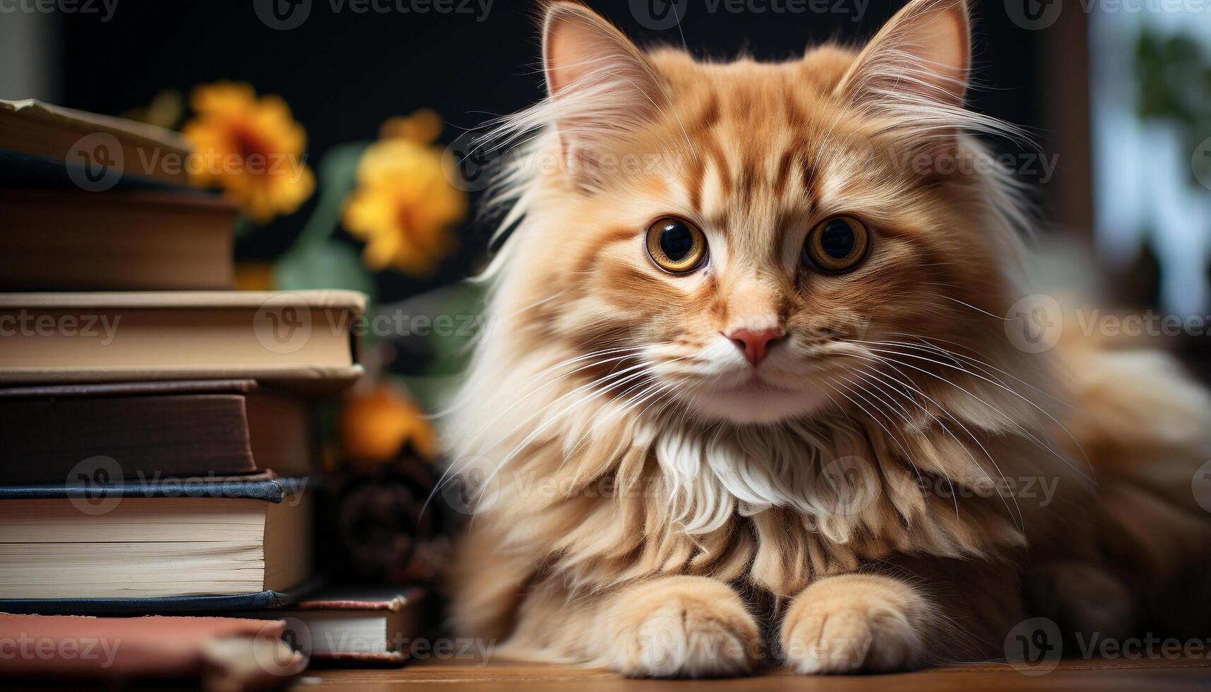 ai generiert süß Kätzchen Sitzung auf Tisch, suchen beim Buch mit Neugierde generiert durch ai foto