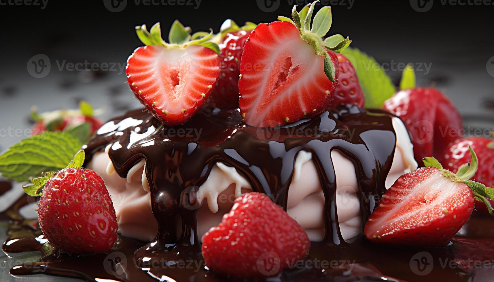 ai generiert frisch Erdbeere Dessert auf Teller mit Schokolade Soße und ausgepeitscht Sahne generiert durch ai foto