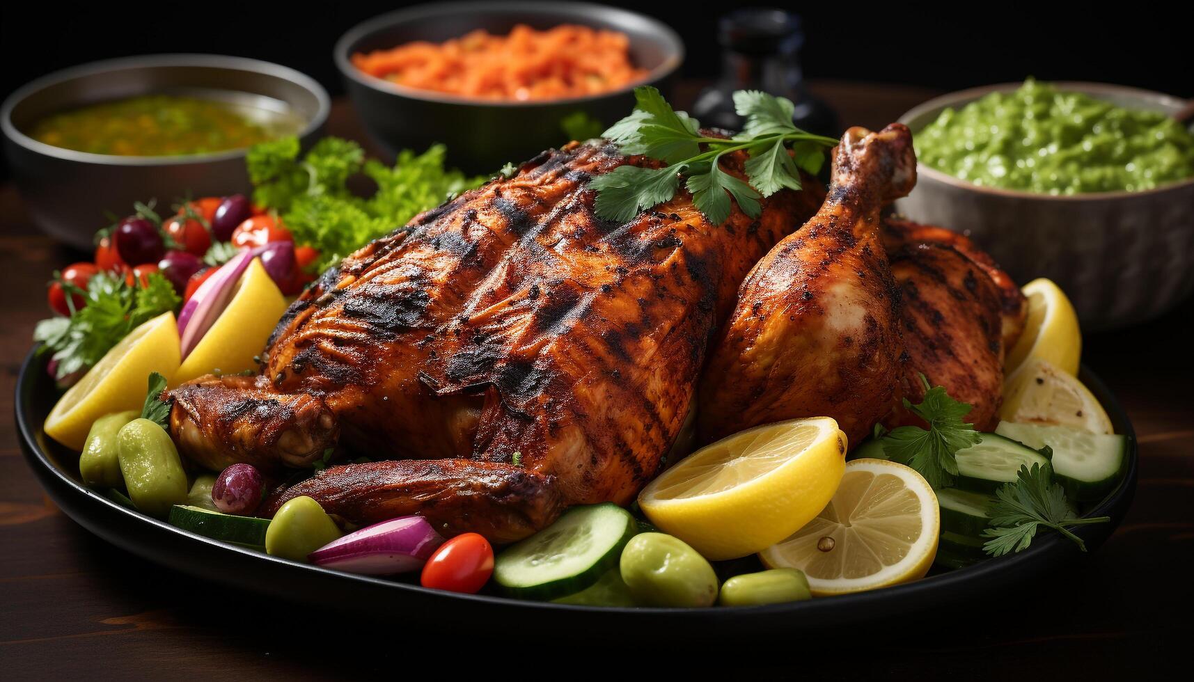 ai generiert gegrillt Huhn, frisch Gemüse, gesund Mahlzeit auf ein Teller generiert durch ai foto