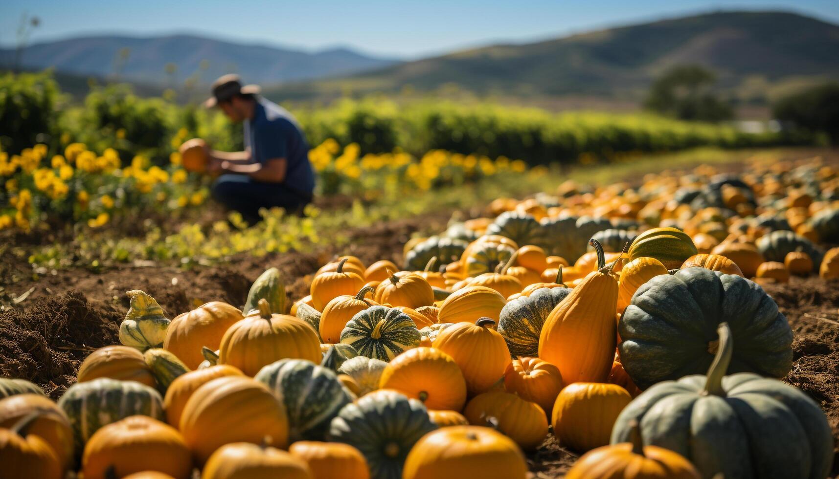 ai generiert ein Farmer pflücken reif Kürbisse im ein Herbst Gemüse Garten generiert durch ai foto