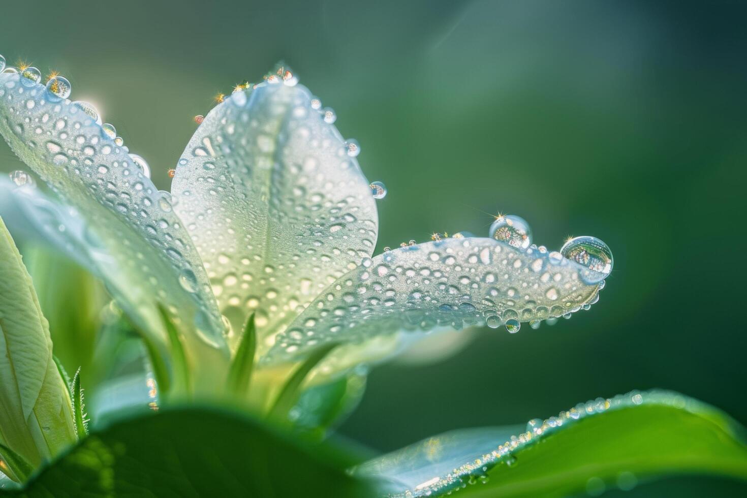 ai generiert Sonnenlicht auf feucht Jasmin Blütenblätter foto