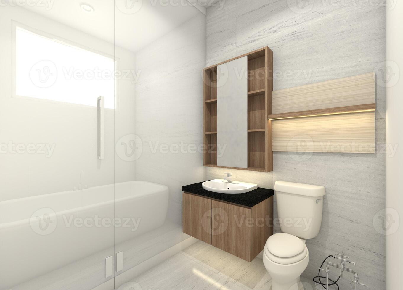 modern und minimalistisch Badezimmer mit Dusche, Toilette Bereich und waschen Hand Kabinett, 3d Illustration foto