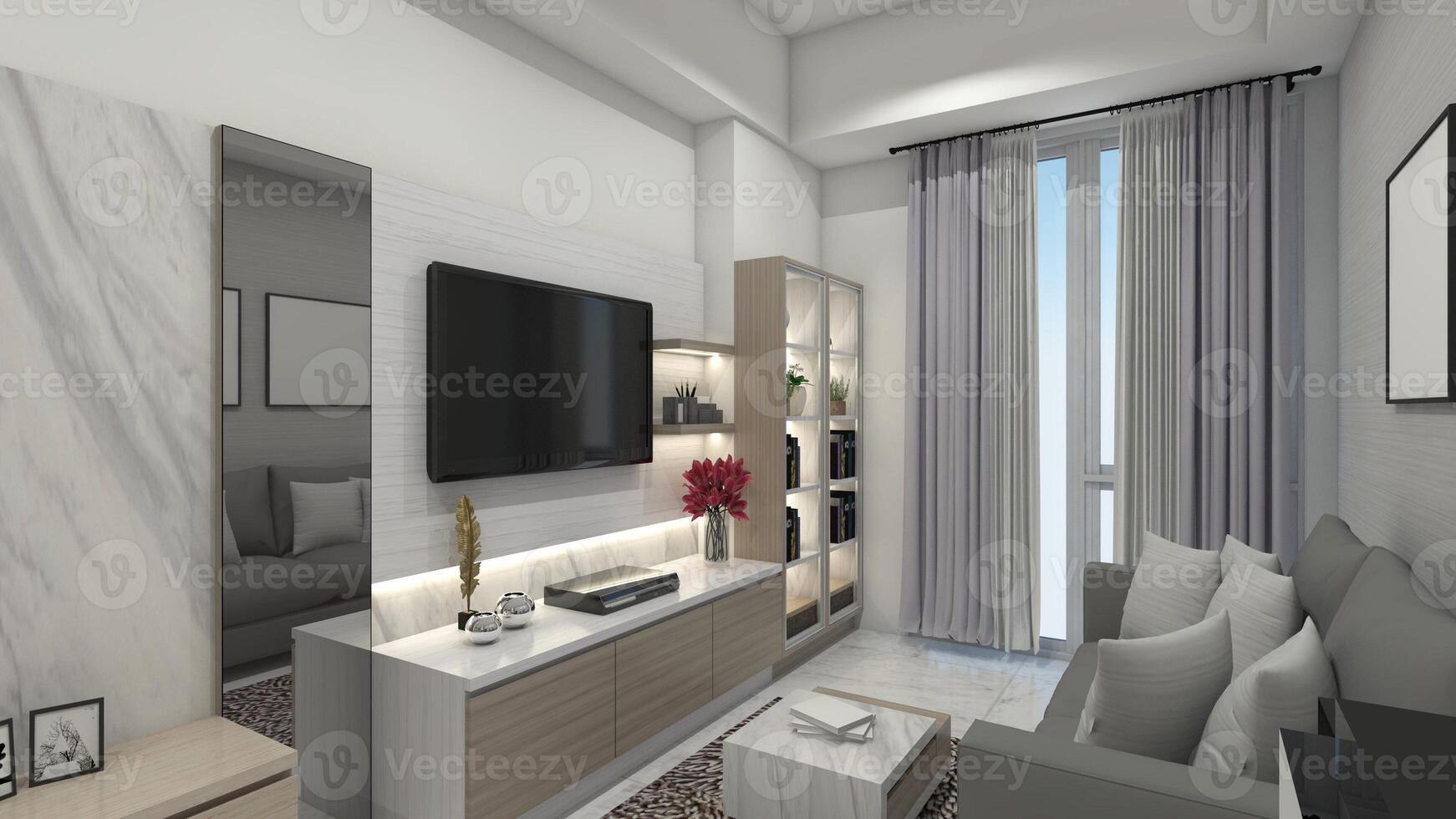 modern und minimalistisch Leben Zimmer Design mit Fernseher Kabinett und komfortabel Sofa, 3d Illustration foto