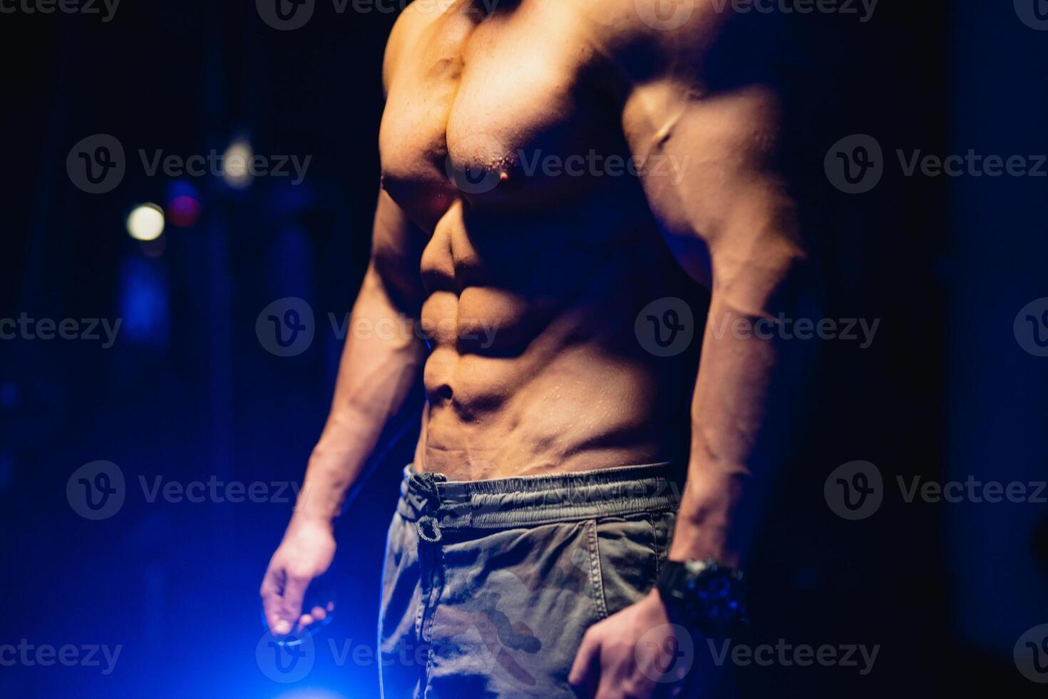 attraktiv Bodybuilder posieren und zeigen aus Muskeln auf dunkel Hintergrund. Hälfte Wende zu das Kamera. Nahaufnahme. Blau Licht Filter. stark Athlet mit nackt Torso. Fitness Konzept. foto