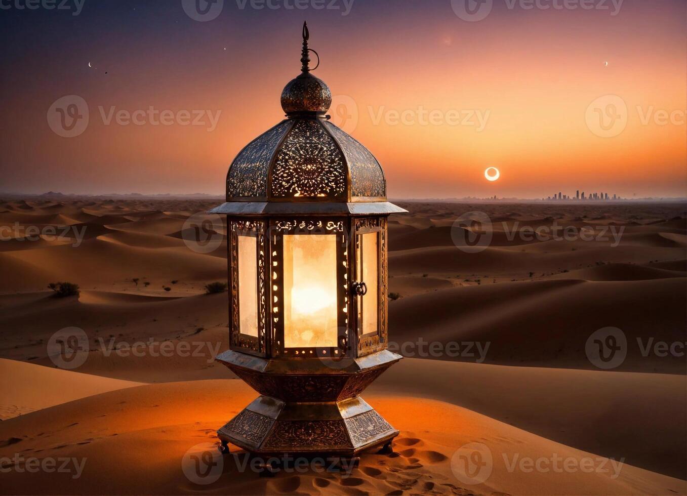 ai generiert Ramadan kareem Laterne, Mond im Nacht, Termine Iftar, verschwommen Arabisch Stadt im Hintergrund, traditionell Muslim Konzept. foto