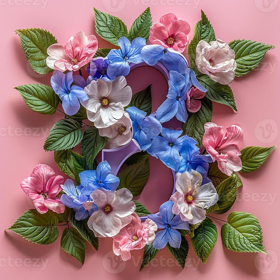 ai generiert Nummer 8 gemacht von Blumen. Dekoration zum März 8, International Damen Tag. auf ein Rosa Hintergrund foto