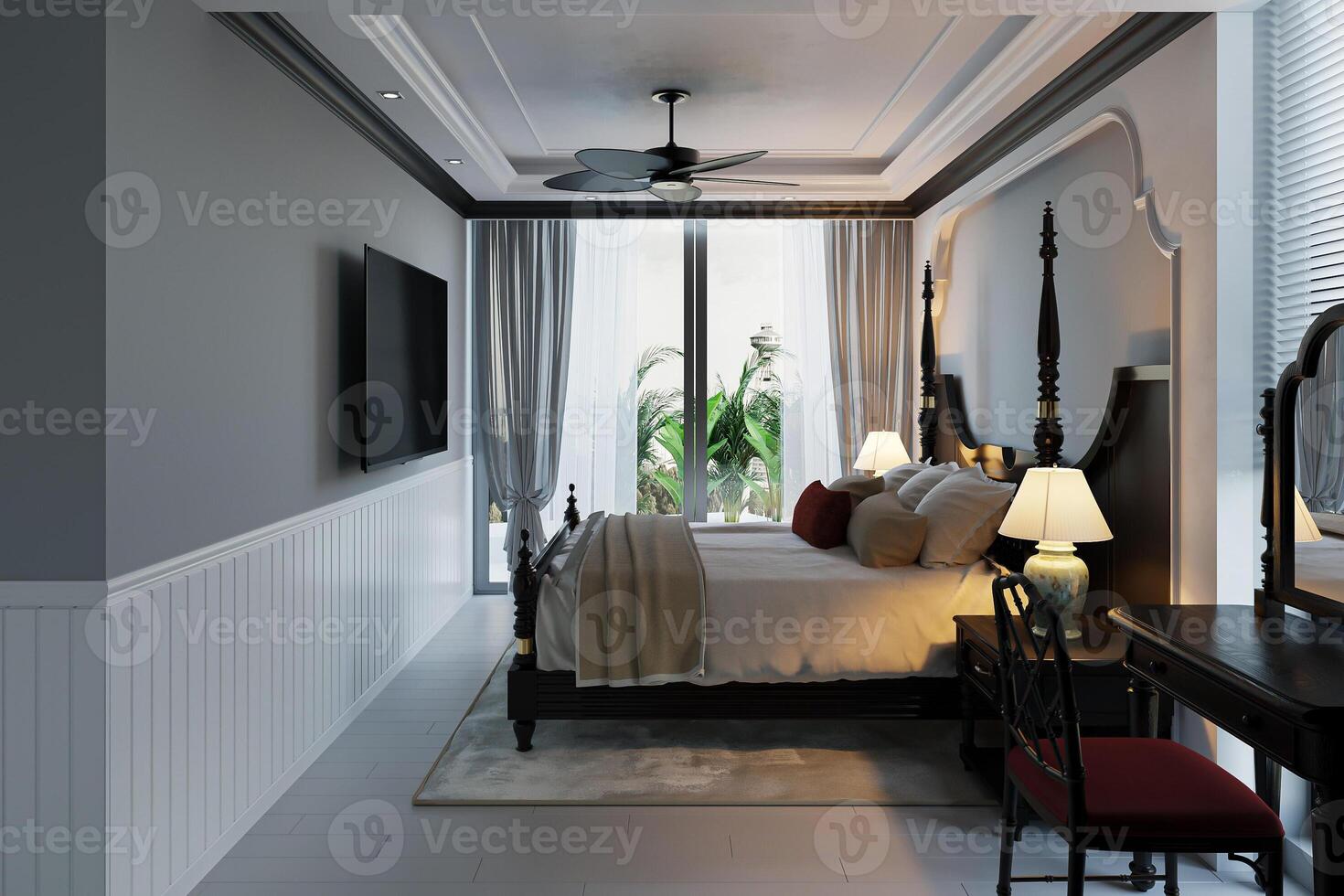 das Modell- von ein traditionell Schlafzimmer mit ein klassisch Stimmung. Aussicht von das Balkon. natürlich Licht. foto