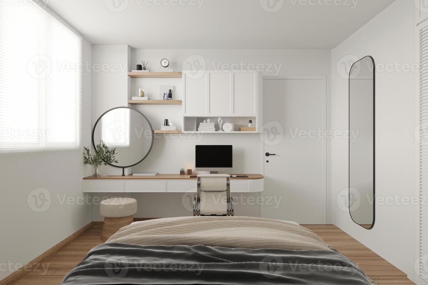 das sauber und aufgeräumt Schlafzimmer hat ein Bett und pc Schreibtisch mit pc und Spiegel. foto