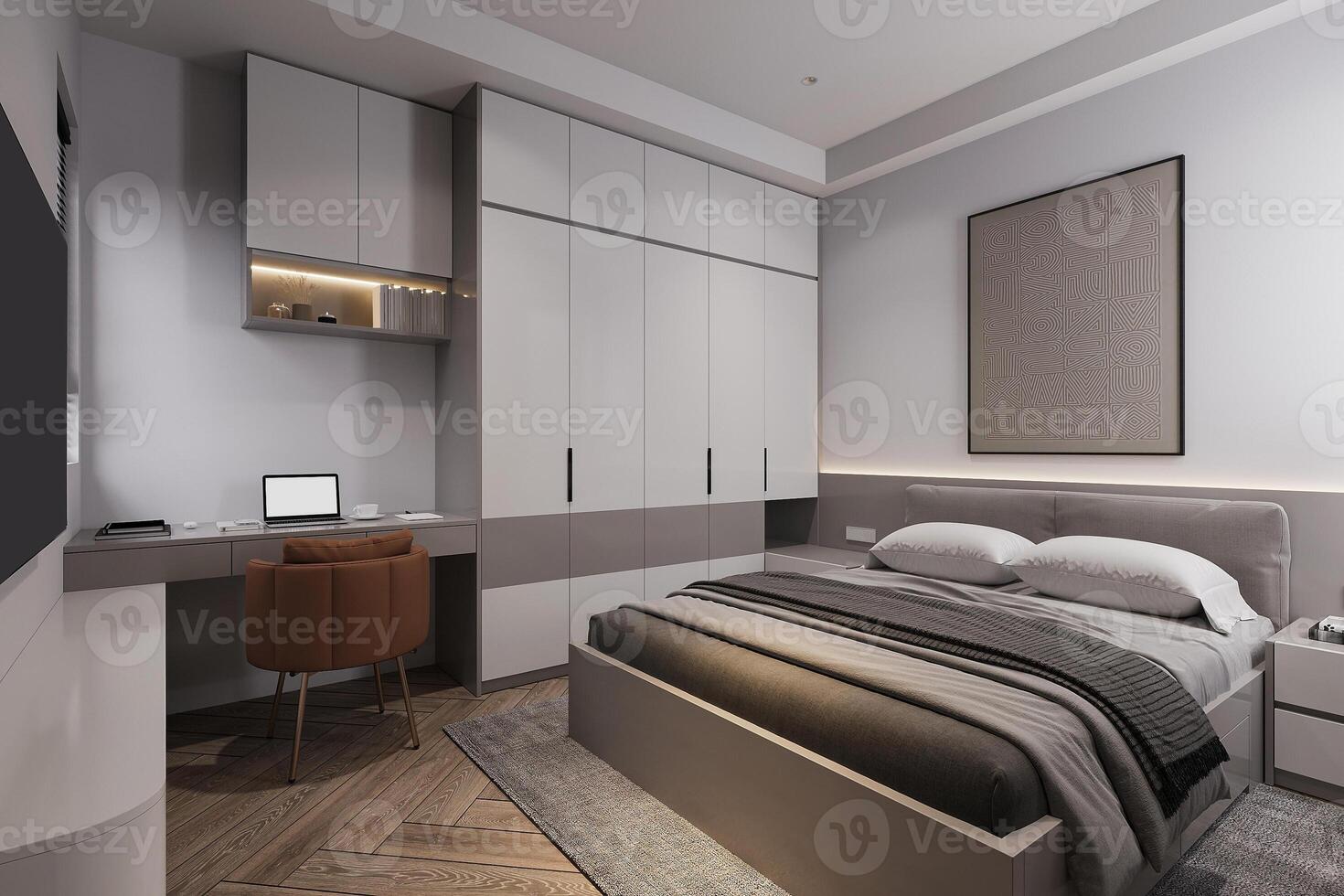 modern Meister Schlafzimmer Design mit komfortabel Bett mit Mauer Hintergrund Panel foto