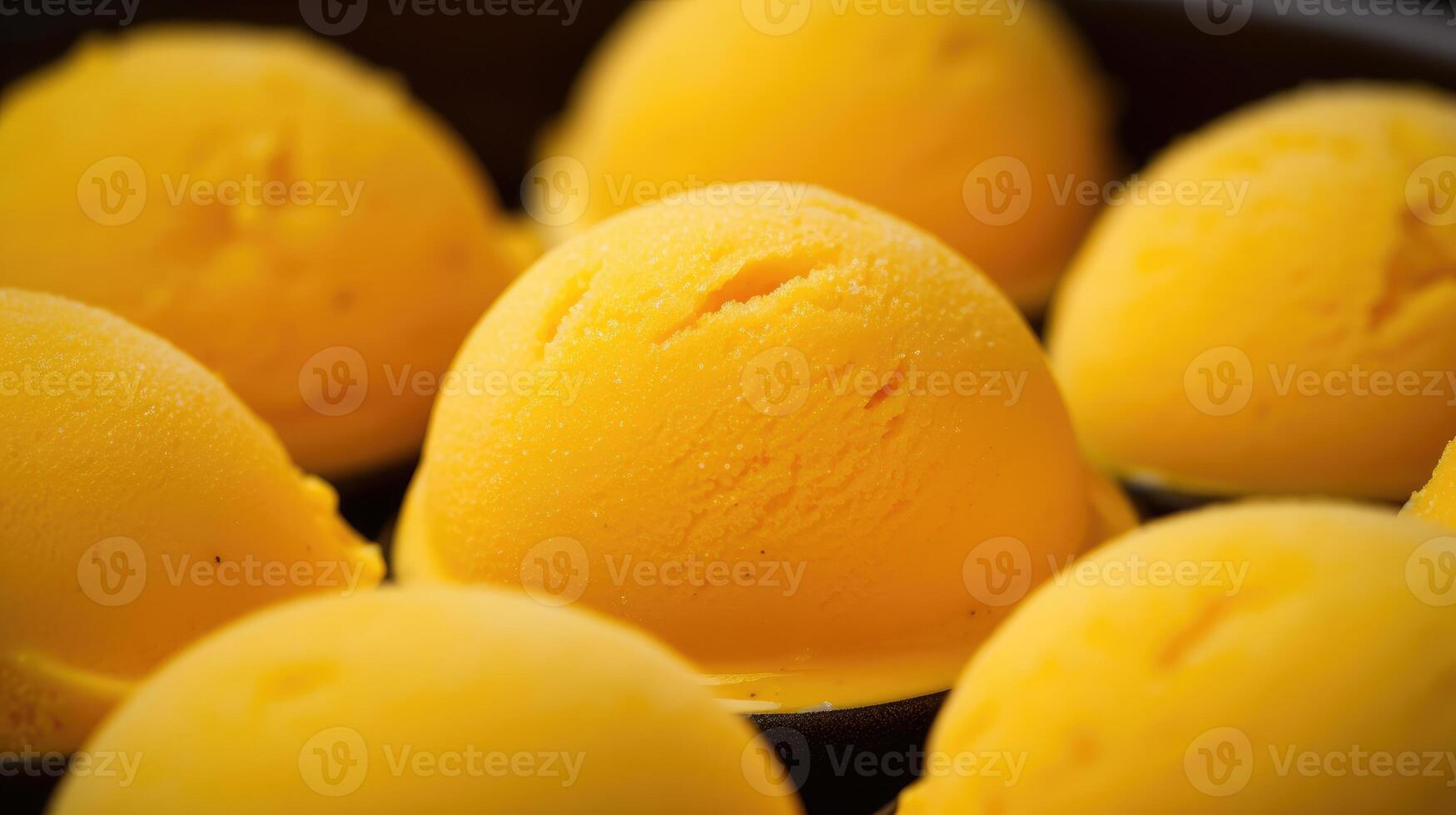 ai generiert saftig Mango Eis Sahne Bälle, ein platzen von tropisch Freude im jeder Nahansicht rahmen. ai generiert. foto