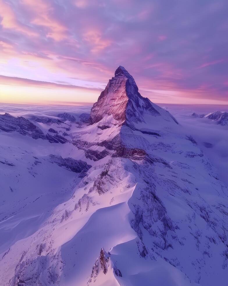 ai generiert Europa majestätisch Spitzen. Antenne Drohne Aussicht Erfassen das atemberaubend Abend Farben und Sanft Licht von das bergig Landschaft. foto