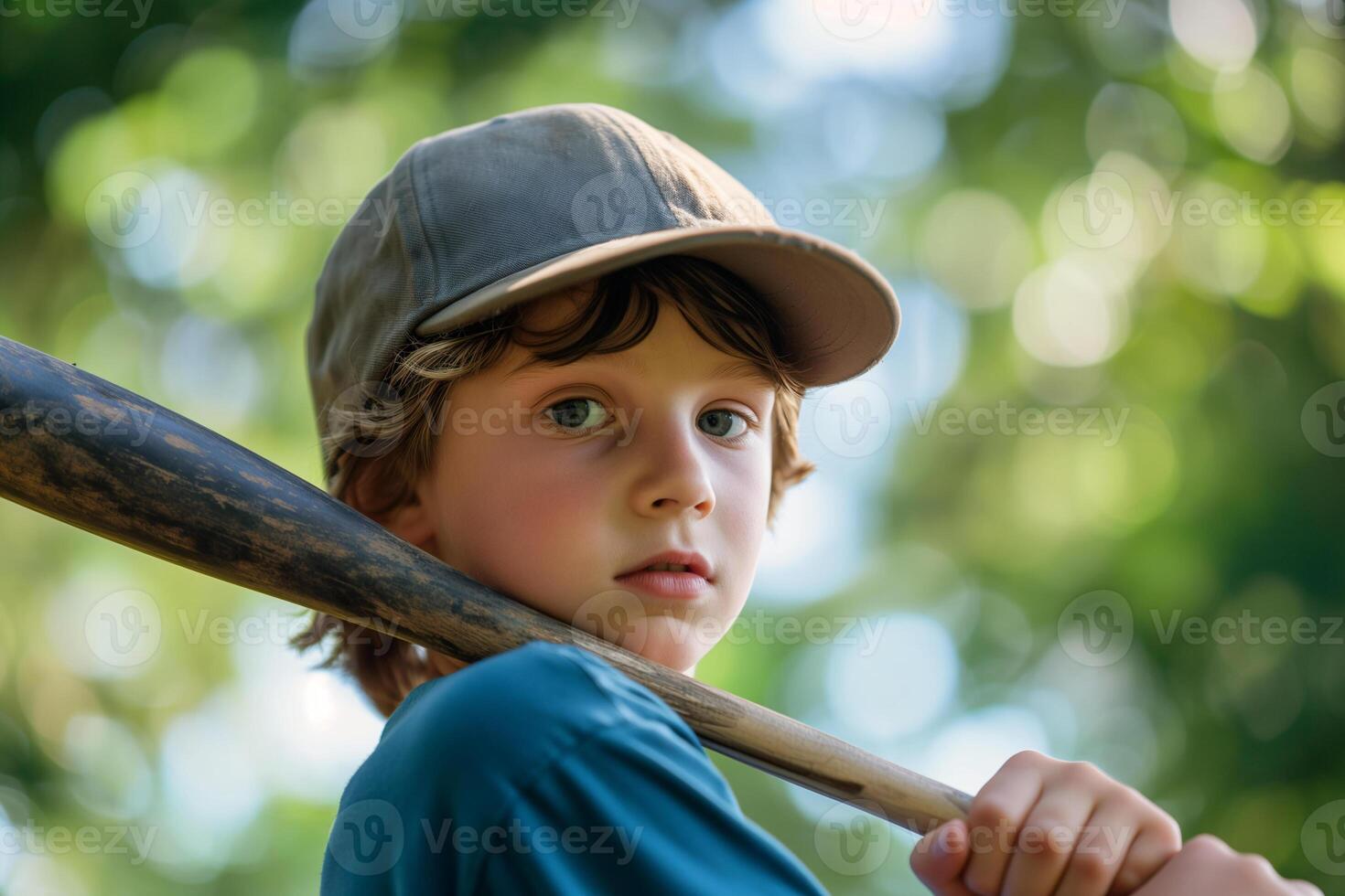 ai generiert schließen oben Kind tragen Baseball Deckel und halten Baseball Schläger im Park, ein Junge spielen Baseball draussen foto