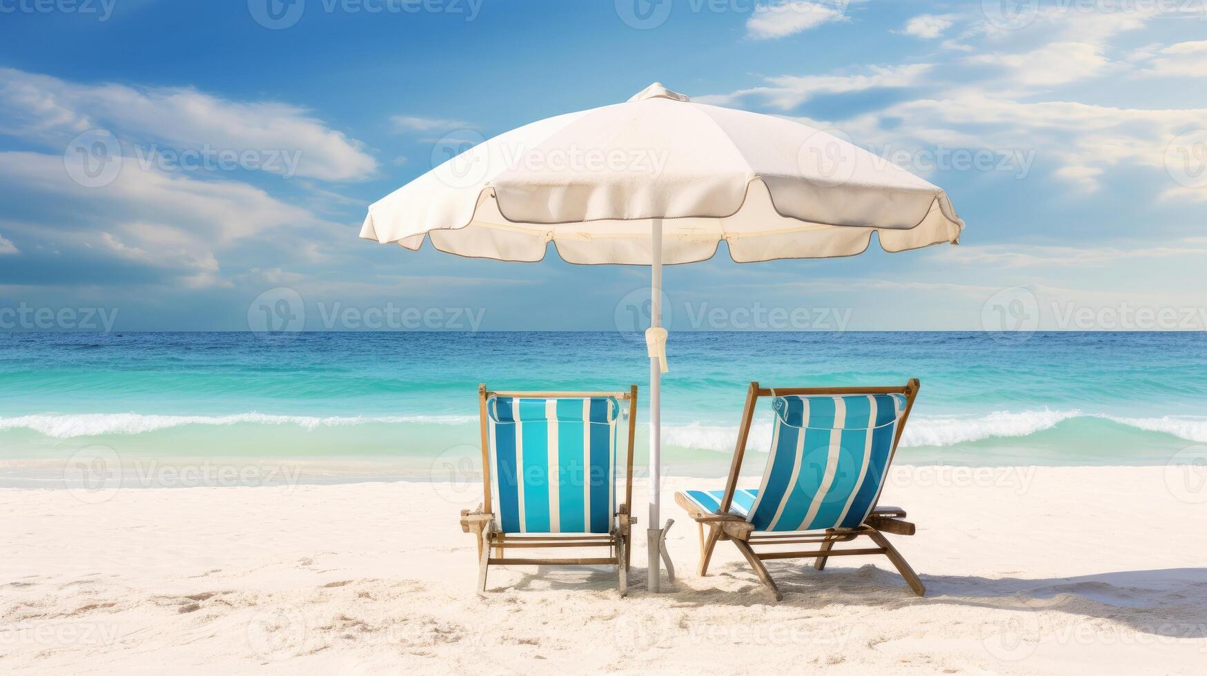 ai generiert ein atemberaubend Strand Banner Vitrinen Weiß Sand Stühle und ein Regenschirm, einladend Entspannung durch das Meer. ai generiert. foto