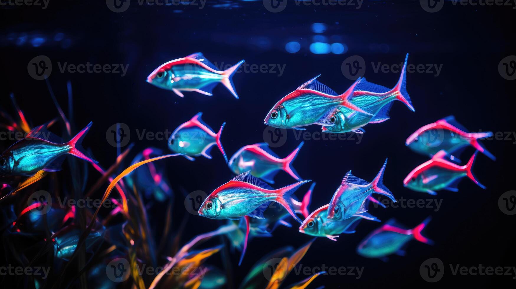 ai generiert Zeuge ein dynamisch Schule von Neon- Tetra Fisch im synchronisiert schwimmen, ai generiert. foto