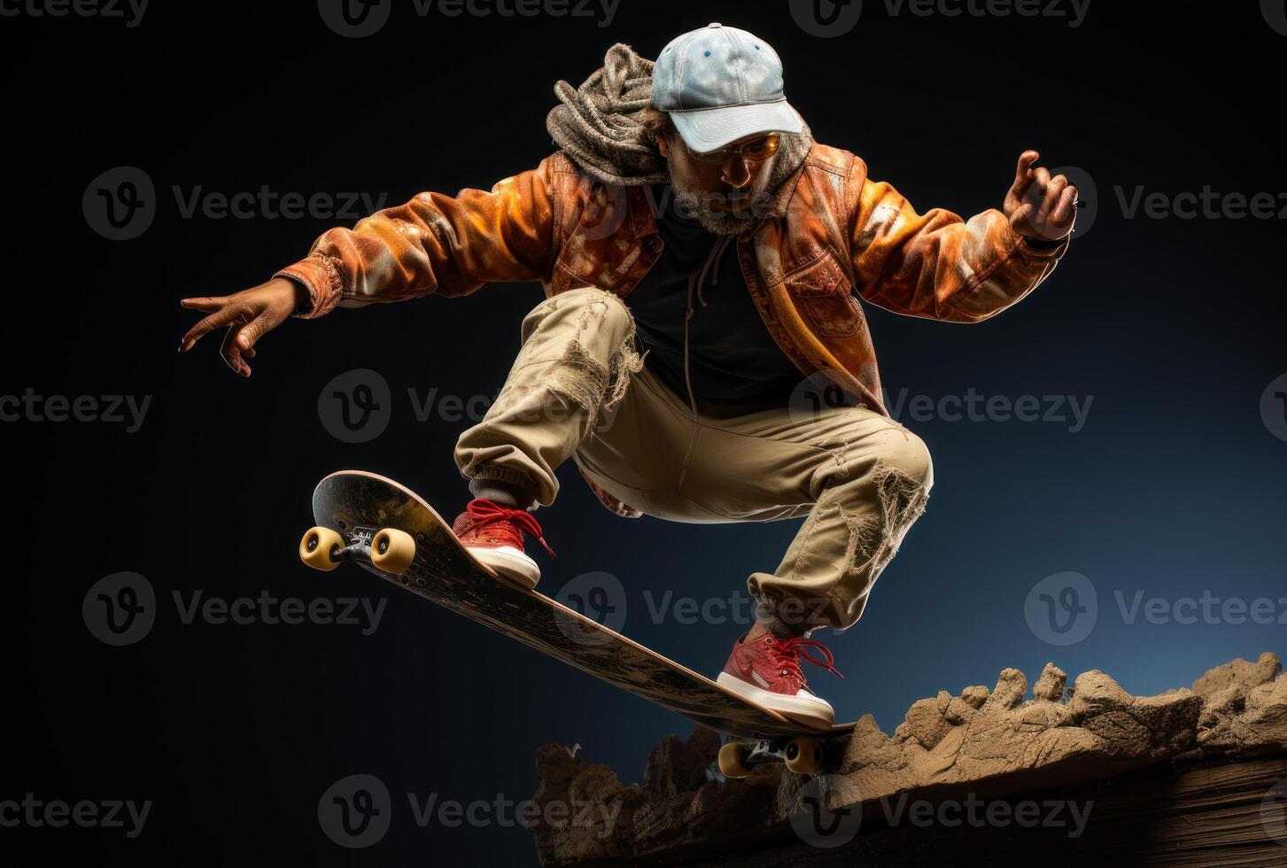 ai generiert Skateboardfahrer tun Trick beim das oben von das Rampe auf das Hintergrund von das Scheinwerfer foto