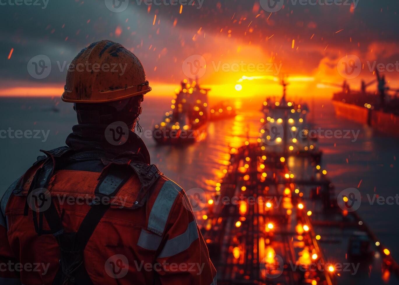 ai generiert Mann ist Öl Tanker im das Mitte von das Meer Aufpassen das Sonnenuntergang foto