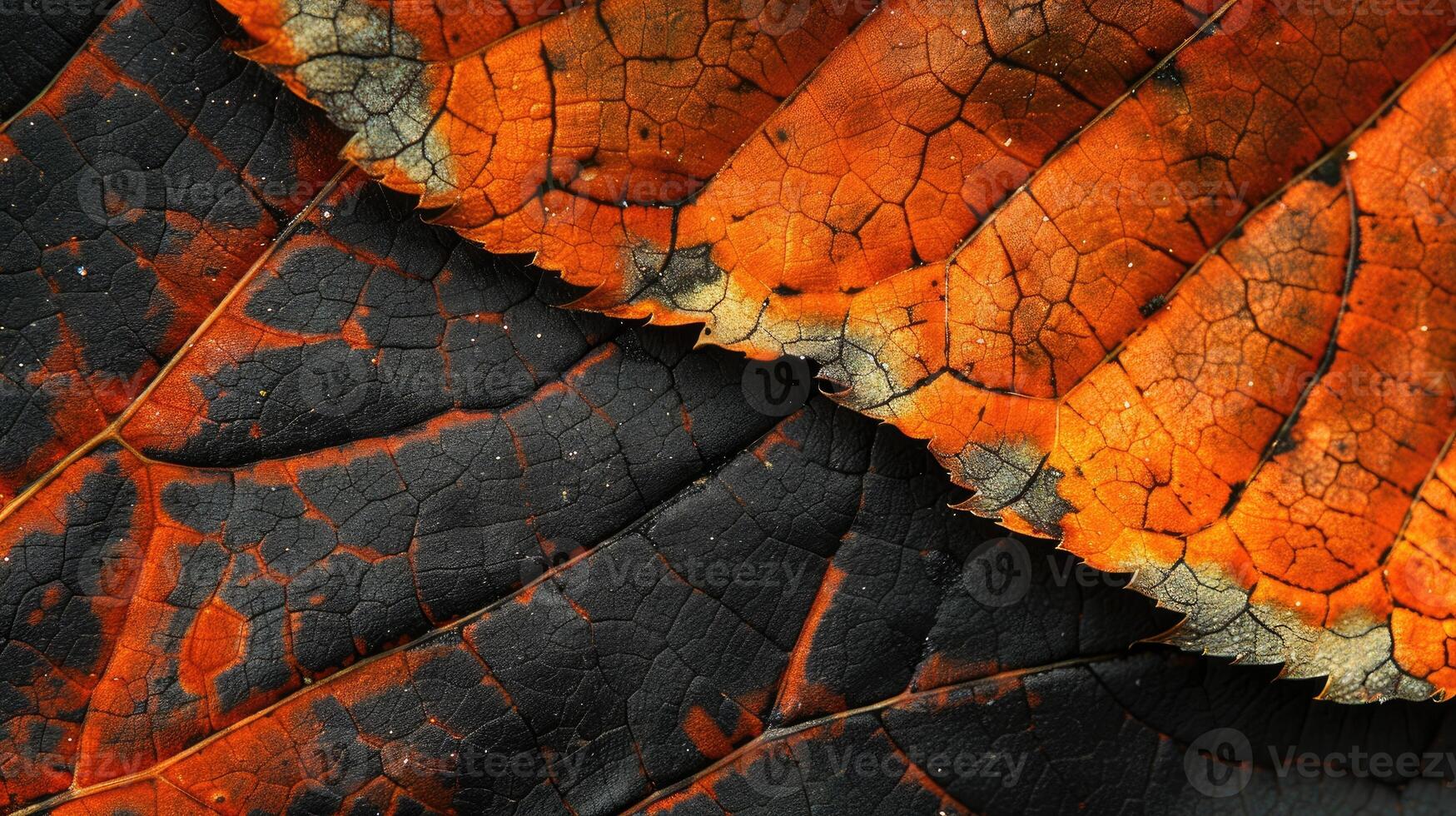 ai generiert Nahansicht von ein Herbst Blatt kompliziert Textur, präsentieren beschwingt Farbtöne. ai generiert foto