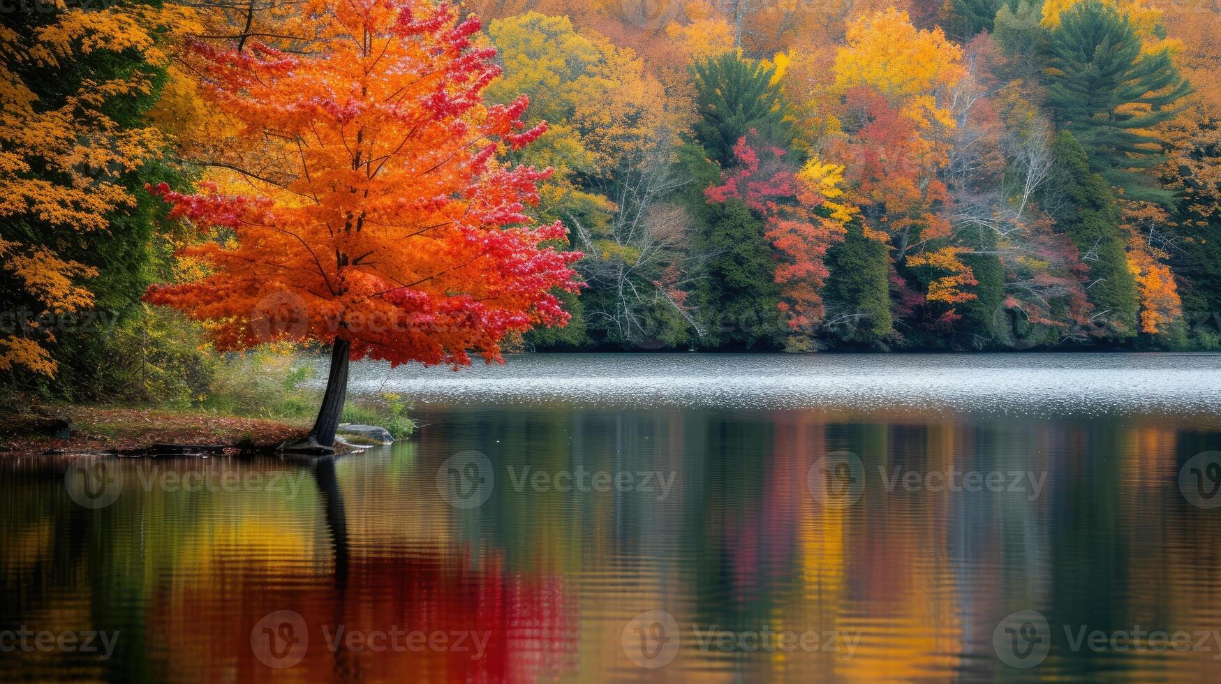 ai generiert still See Spiegel das beschwingt Farbtöne von Herbst Bäume auf ein heiter Tag, ai generiert. foto