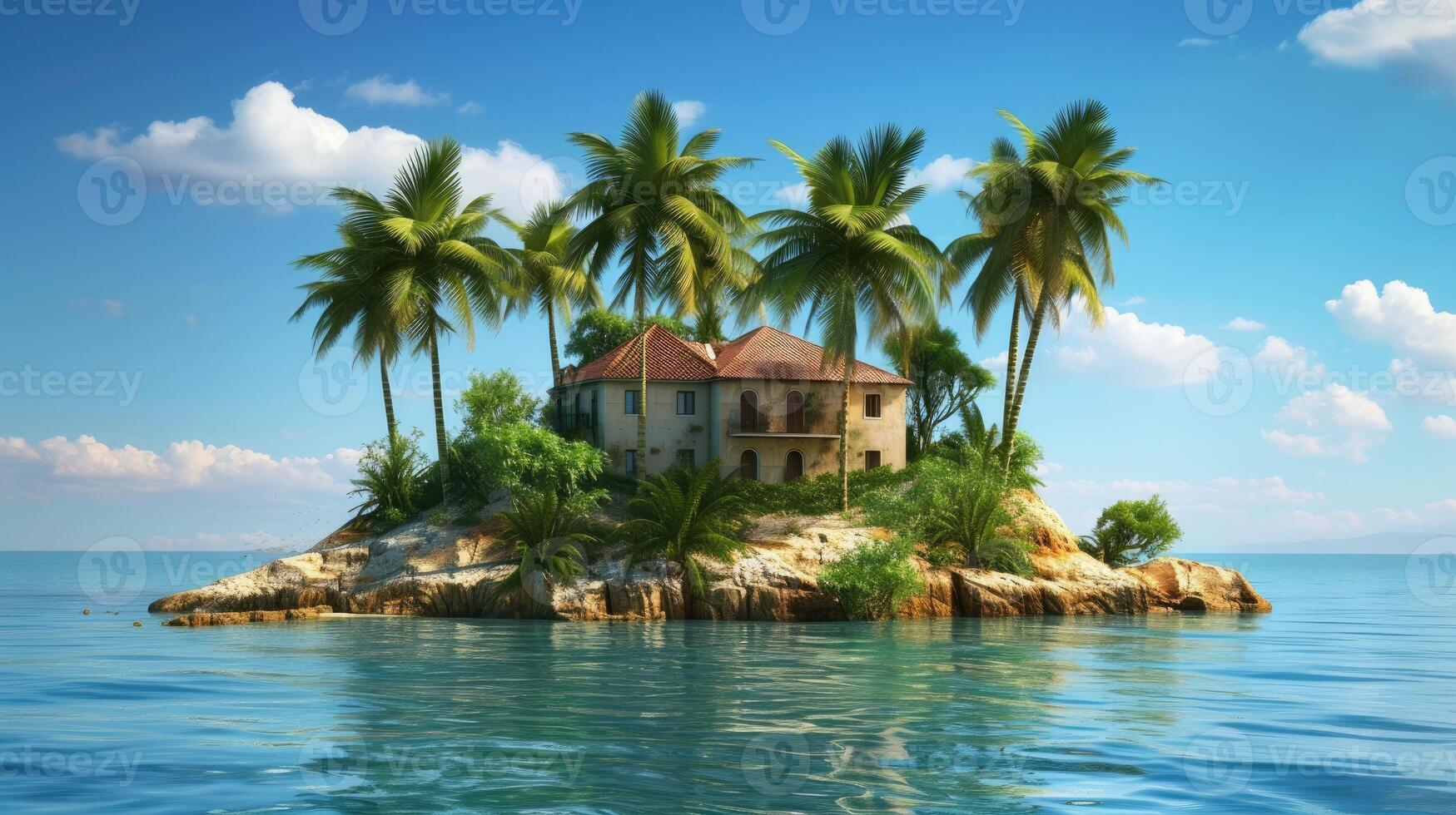 ai generiert ein klein Insel geschmückt mit Palme Bäume und ein charmant Haus, ein malerisch Paradies. ai generiert. foto