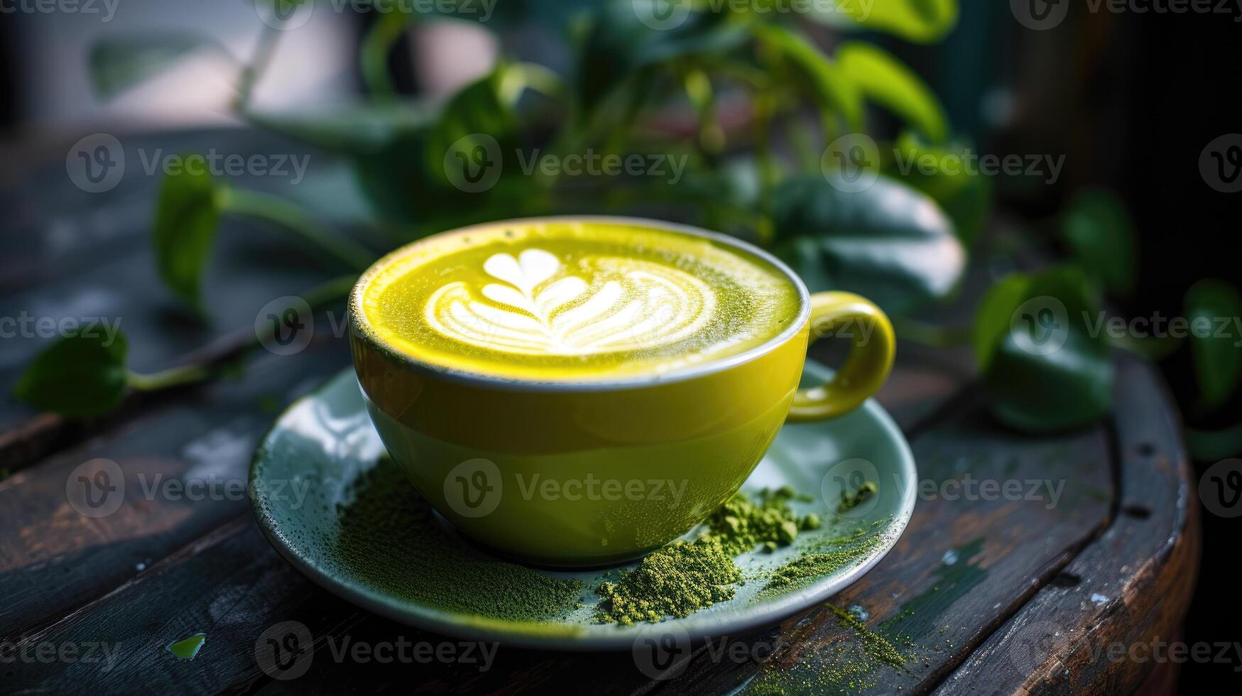 ai generiert Untertasse Gastgeber Grün Matcha Tee Latté Tasse, erfrischend Twist. ai generiert foto