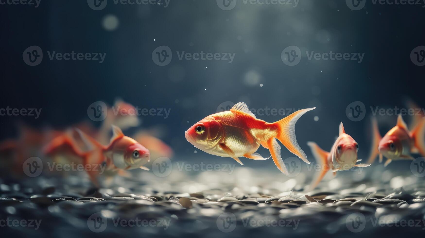 ai generiert beobachten ein Goldfisch führen ein Pack von kleiner Fisch, ähnlich ein Hai Flosse. ai generiert foto