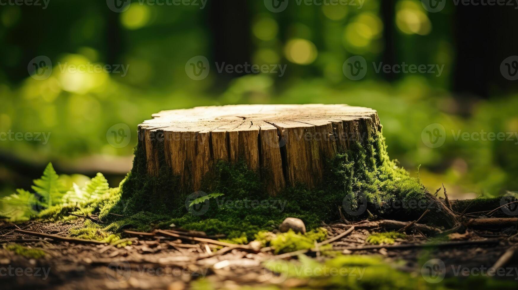 ai generiert ein moosbedeckt Baum Stumpf Mischungen einwandfrei im das heiter Wald Einstellung. ai generiert foto