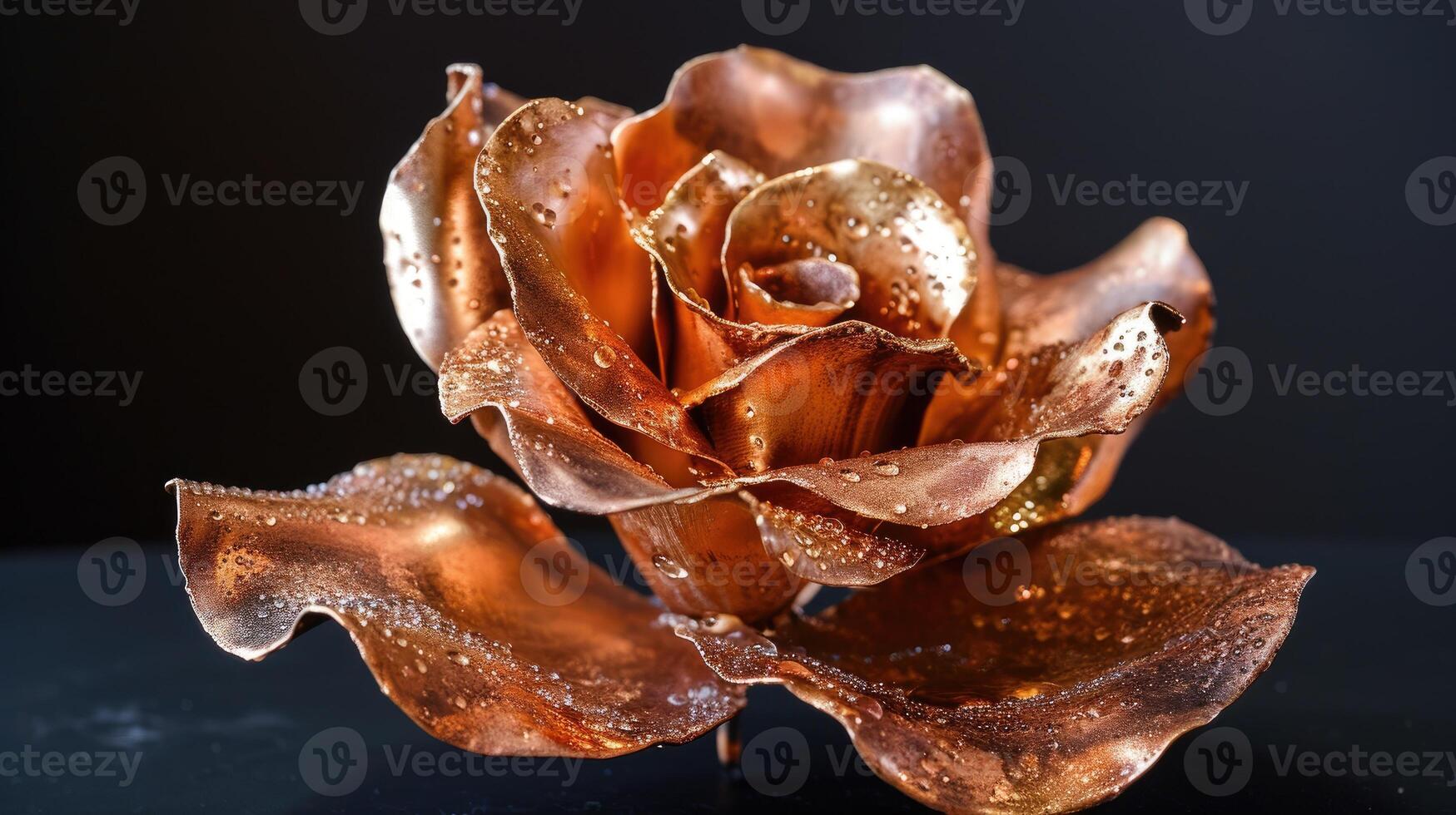 ai generiert kompliziert Metallarbeiten formt ein strahlend Rose, es ist Blütenblätter geschmückt mit Tau, ein Verschmelzung von Eleganz und Handwerkskunst, ai generiert. foto