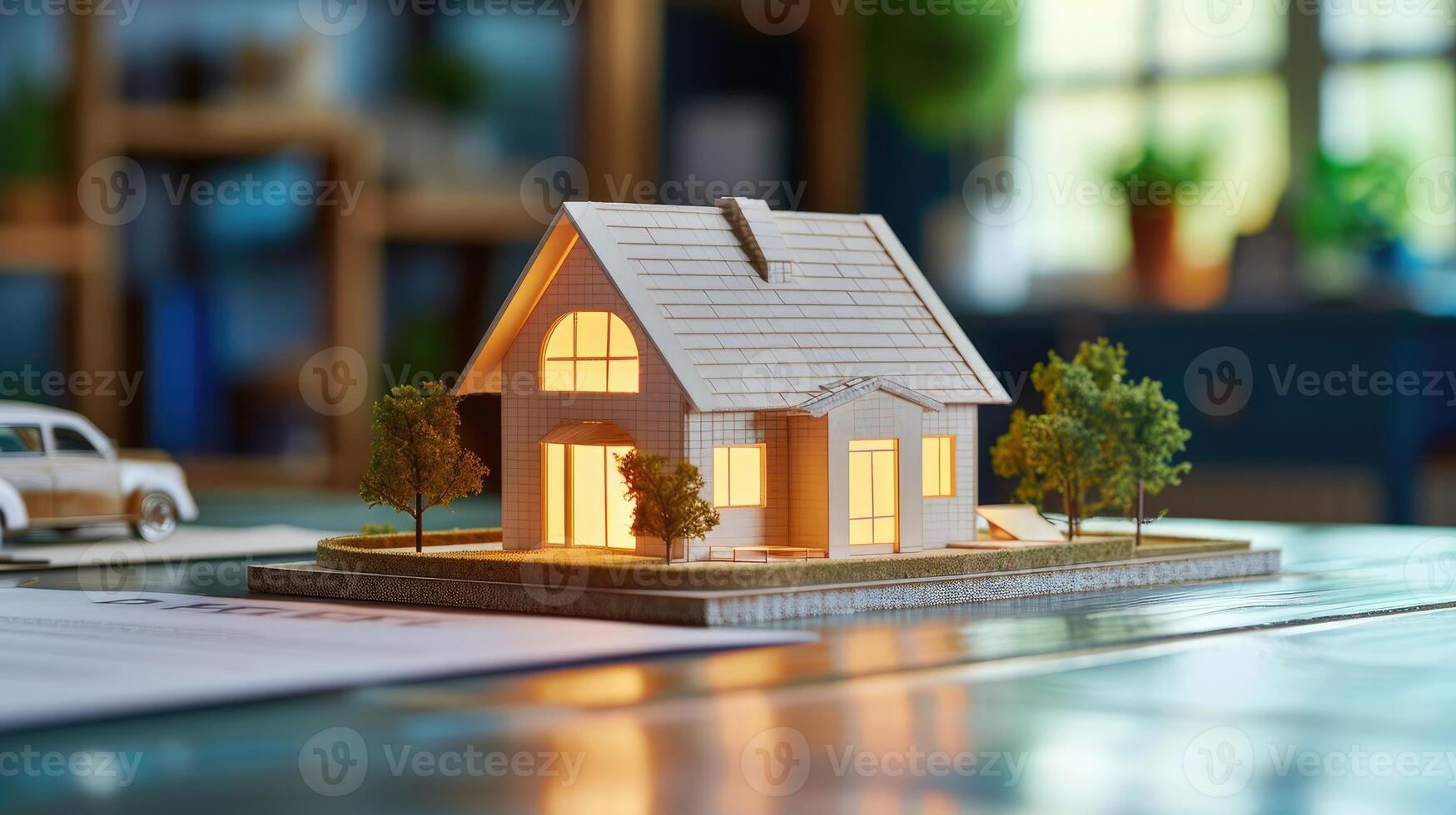 ai generiert Miniatur Haus holografisch gerendert auf Tisch, präsentieren echt Nachlass Optionen. ai generiert foto
