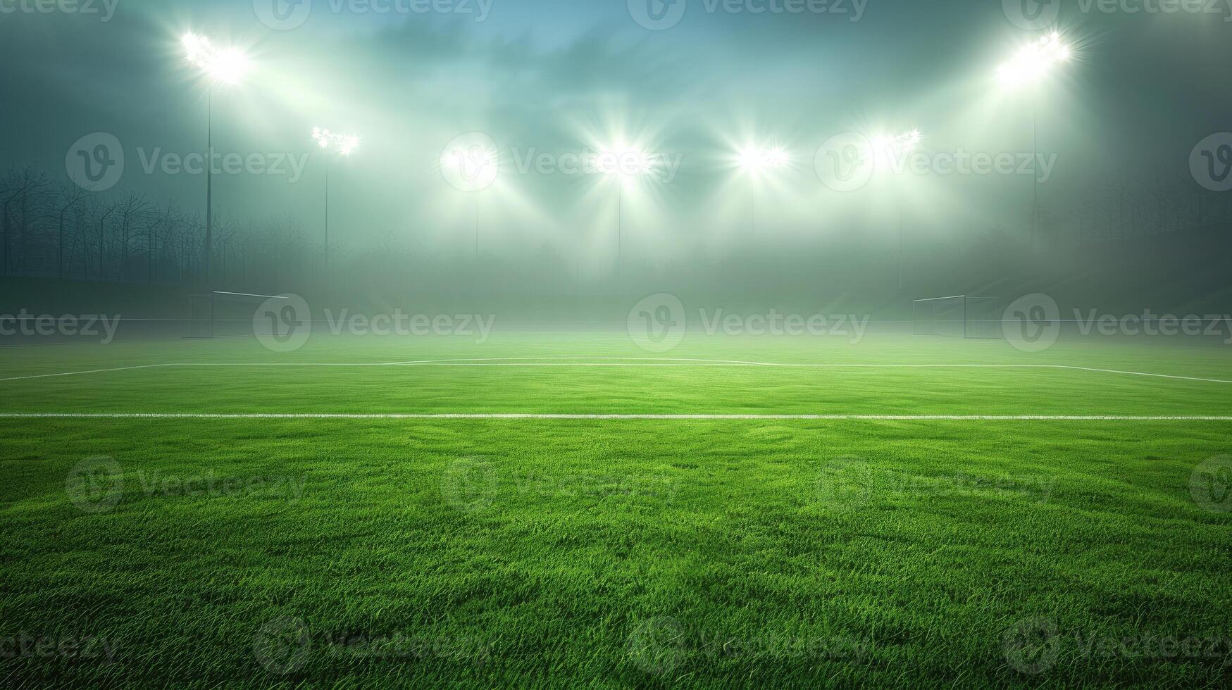 ai generiert Grün Fußball Feld beleuchtet durch hell Scheinwerfer, Erstellen ein beschwingt und energisch Atmosphäre. ai generiert. foto