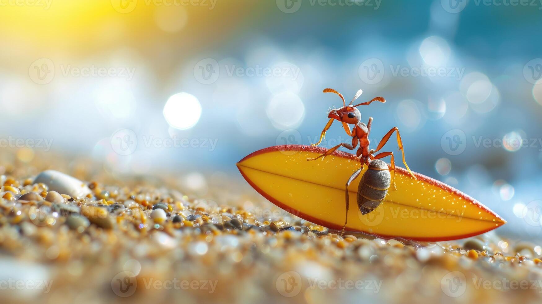 ai generiert ein süß Ameise Surfer genießt ein voller Spaß Sommer- Tag beim das Strand, Reiten Wellen mit Begeisterung, ai generiert. foto