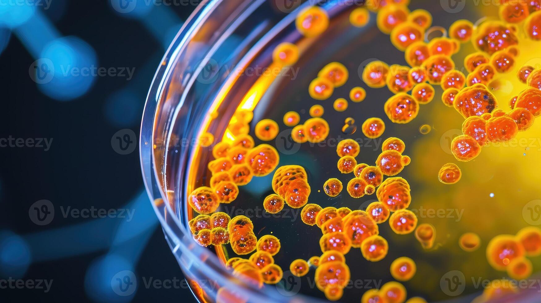 ai generiert Makro Nahansicht offenbart Bakterien und Virus Zellen gedeihen im ein wissenschaftlich Labor Petri Gericht. ai generiert. foto