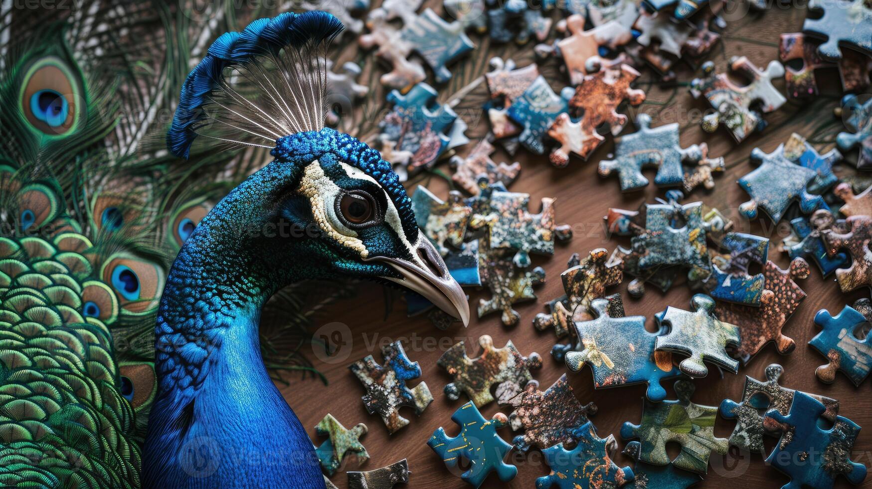 ai generiert bezaubernd oben Aussicht von ein Pfau lösen ein Puzzle Puzzle, charmant und spielerisch. ai generiert foto