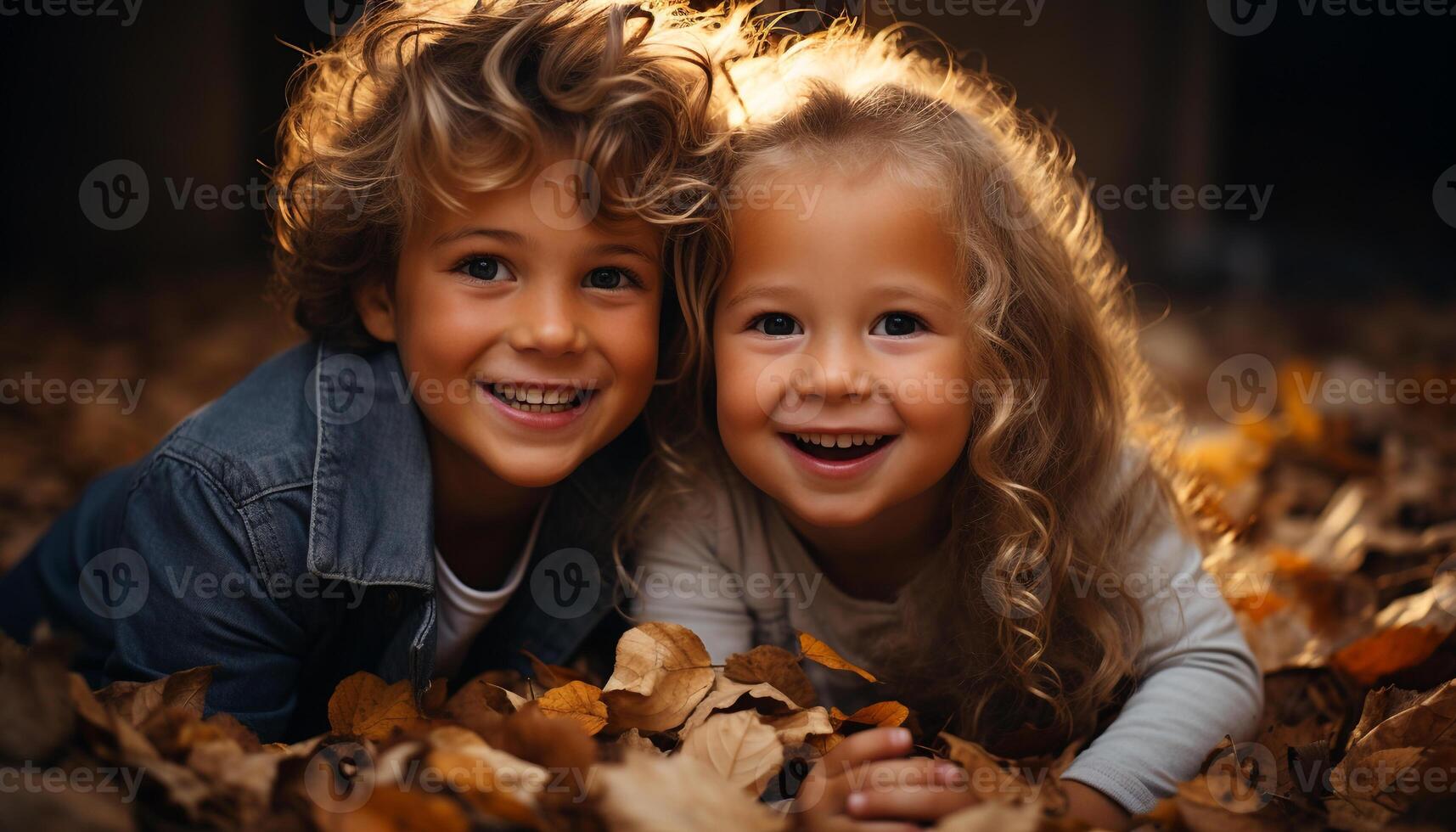 ai generiert lächelnd Kinder genießen Herbst draußen, Umarmen Natur Schönheit zusammen generiert durch ai foto