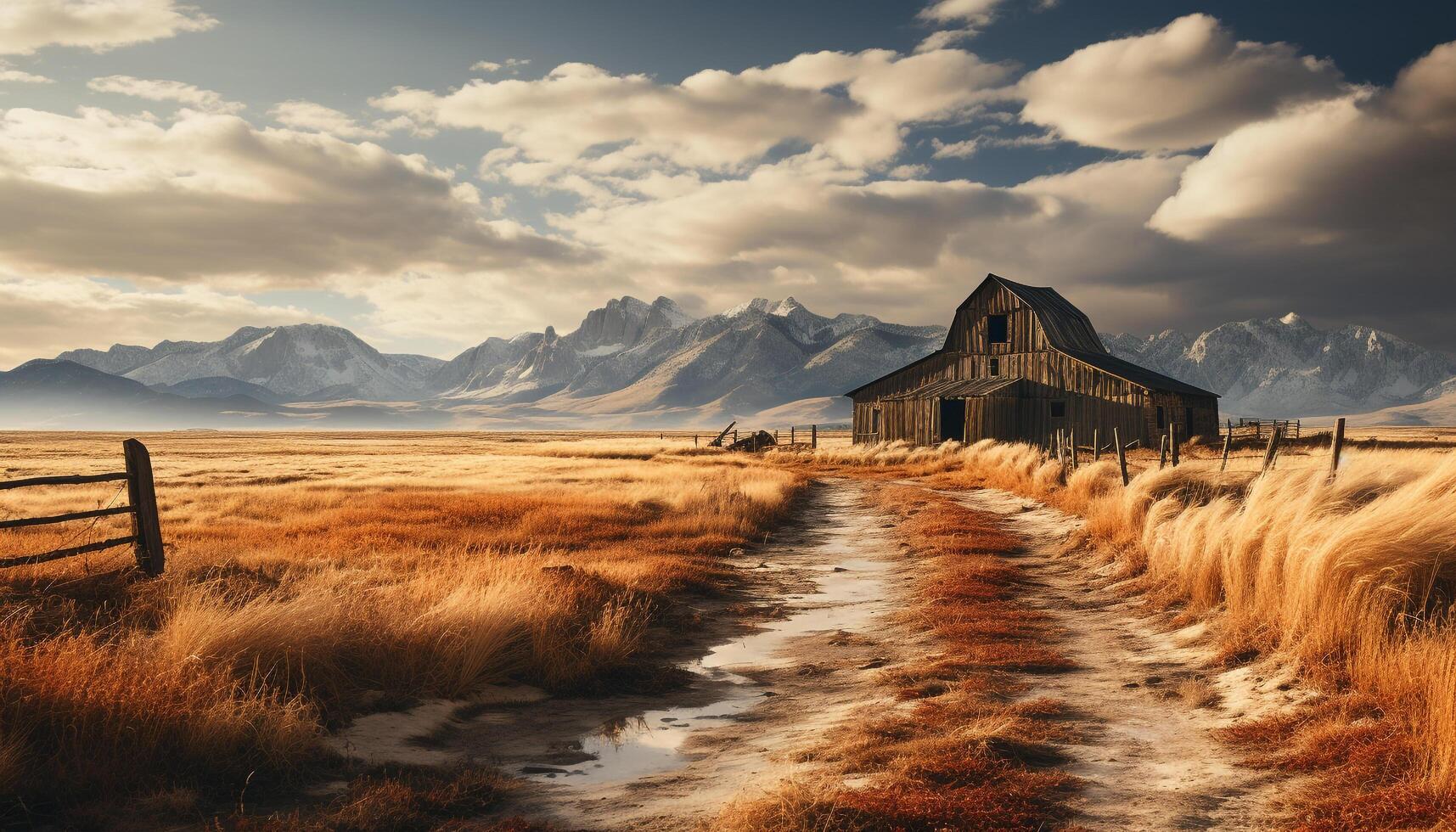 ai generiert still Sonnenuntergang Über alt Bauernhof, Berge Umarmung Natur Schönheit generiert durch ai foto