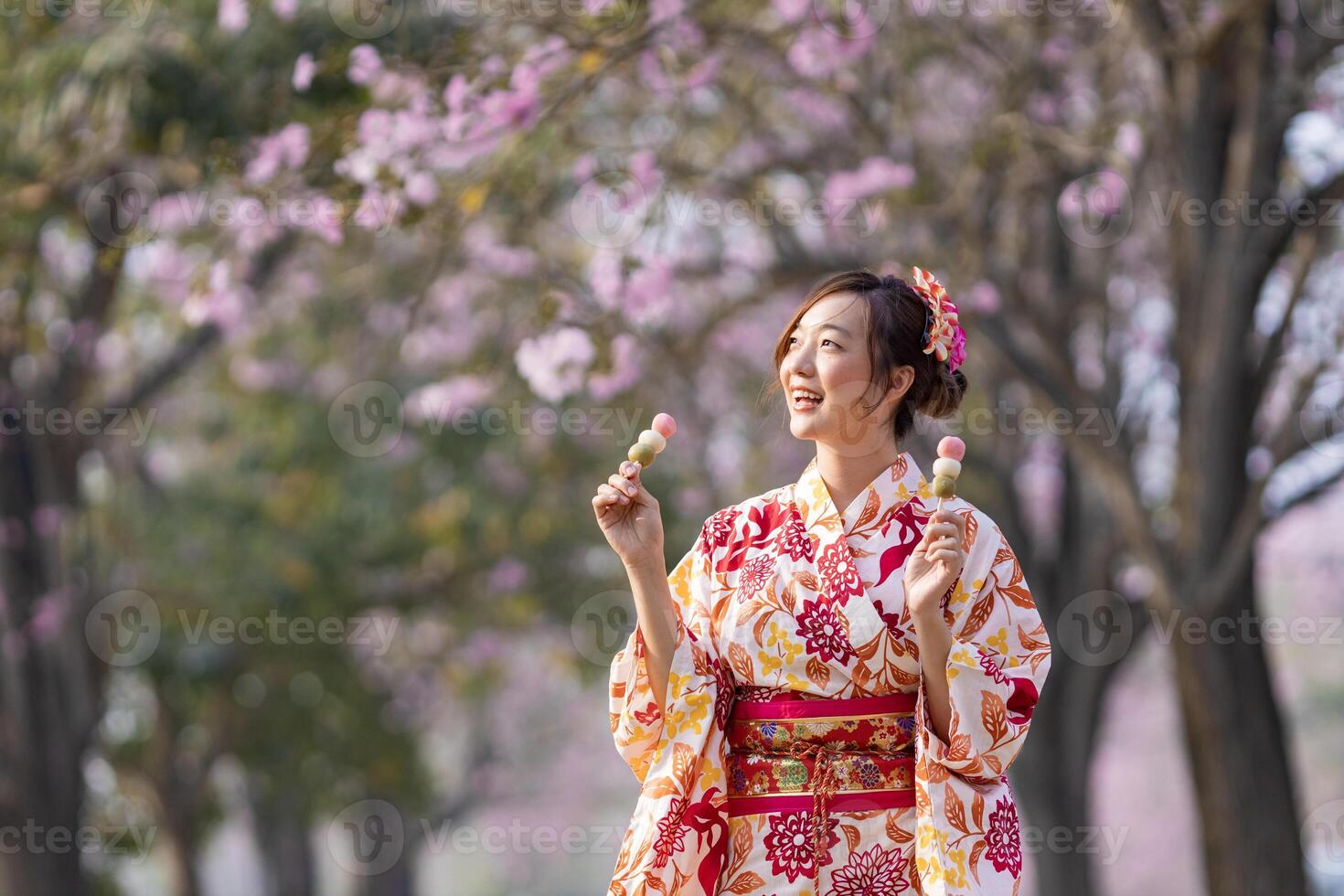 japanisch Frau im traditionell Kimono Kleid halten Süss Hanami Dango Dessert während Gehen Innerhalb Park beim Kirsche blühen Baum während Frühling Sakura Festival foto