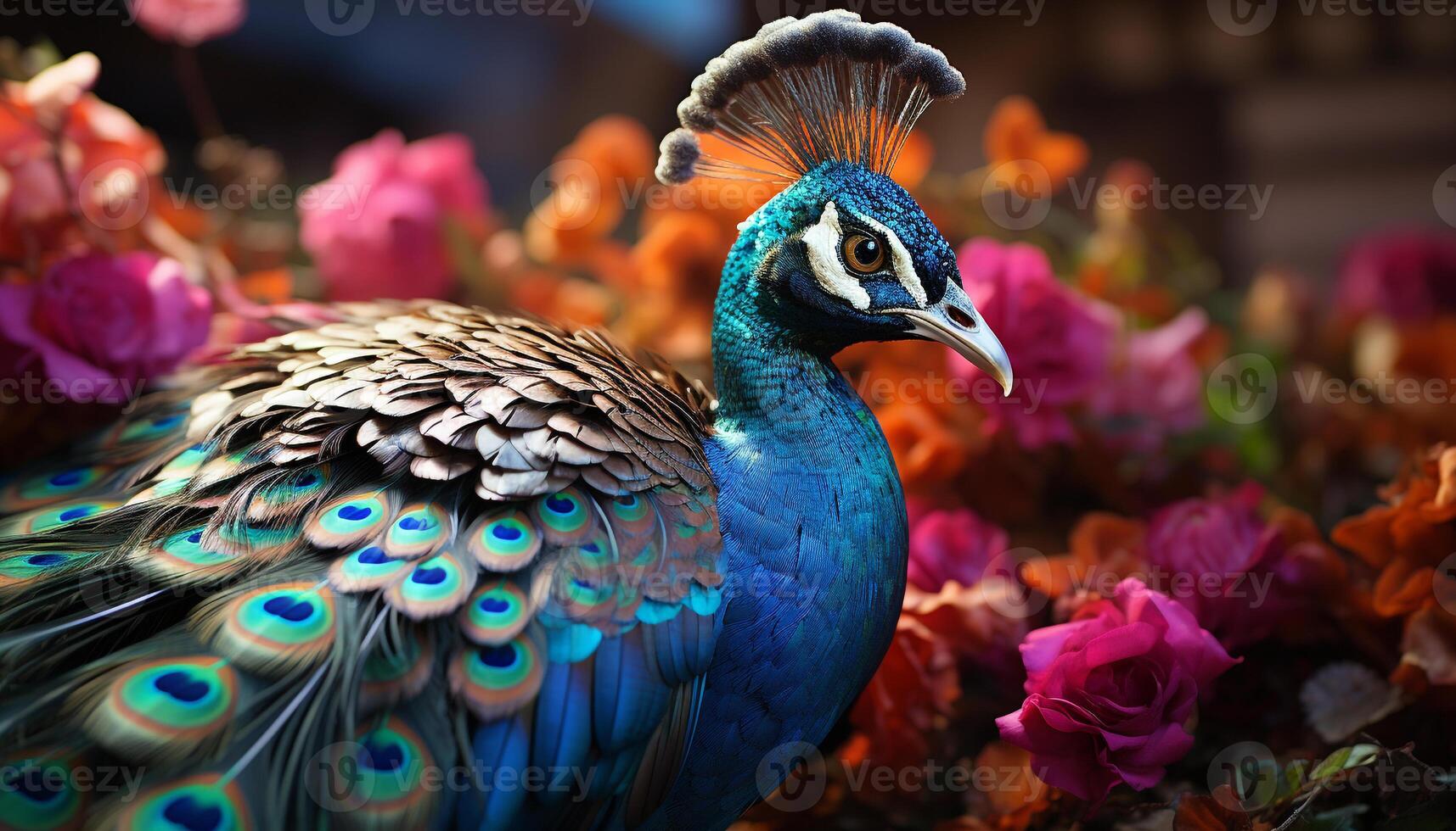 ai generiert majestätisch Pfau Anzeigen beschwingt Farben, Schönheit im Natur Eleganz generiert durch ai foto