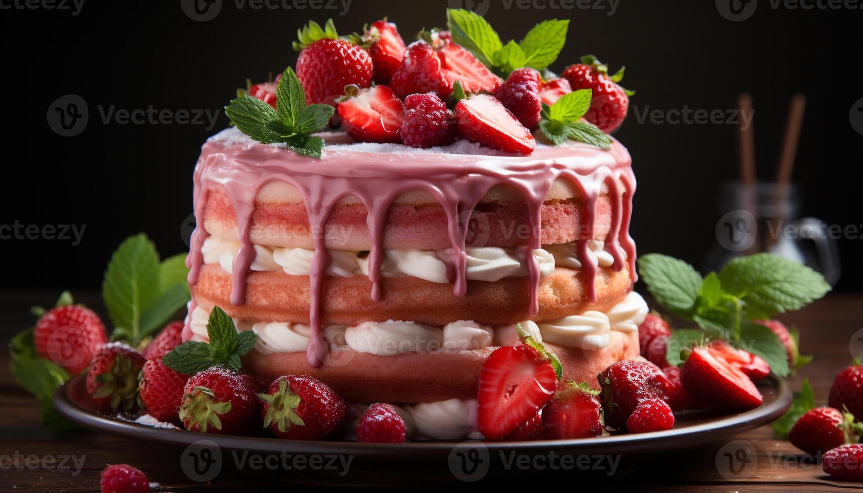 ai generiert frisch Erdbeere Dessert mit ausgepeitscht Sahne auf ein hölzern Tabelle generiert durch ai foto