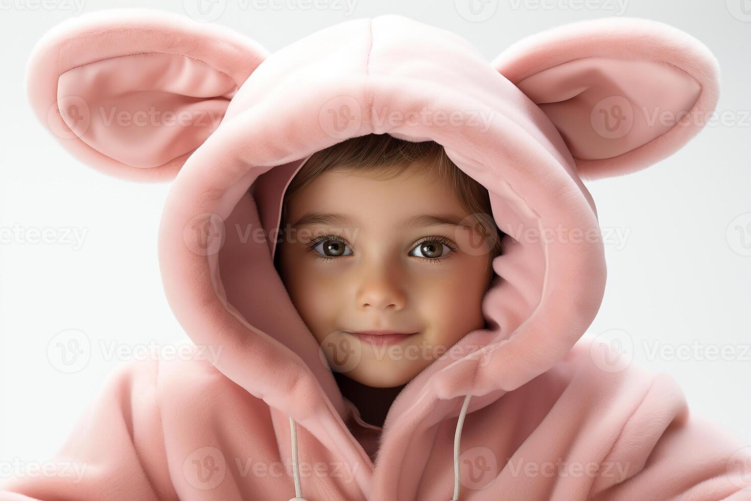 ai generiert Porträt von ein Baby Kind tragen ein Rosa Hase Kostüm auf isoliert Hintergrund foto