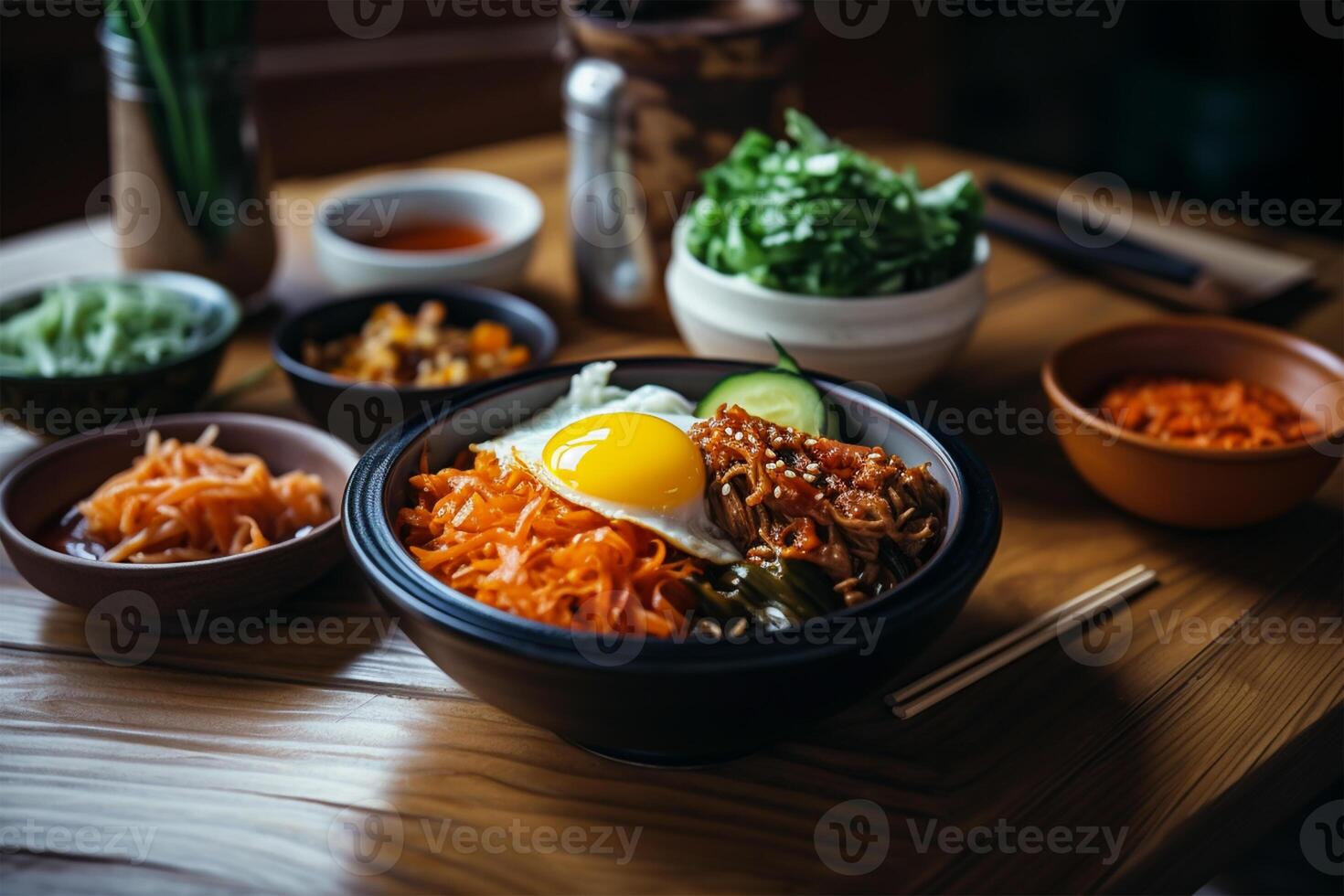 ai generiert ein köstlich bibimbap Kimchi auf schwarz Platte.koreanisch Essen.Nahaufnahme Aussicht foto
